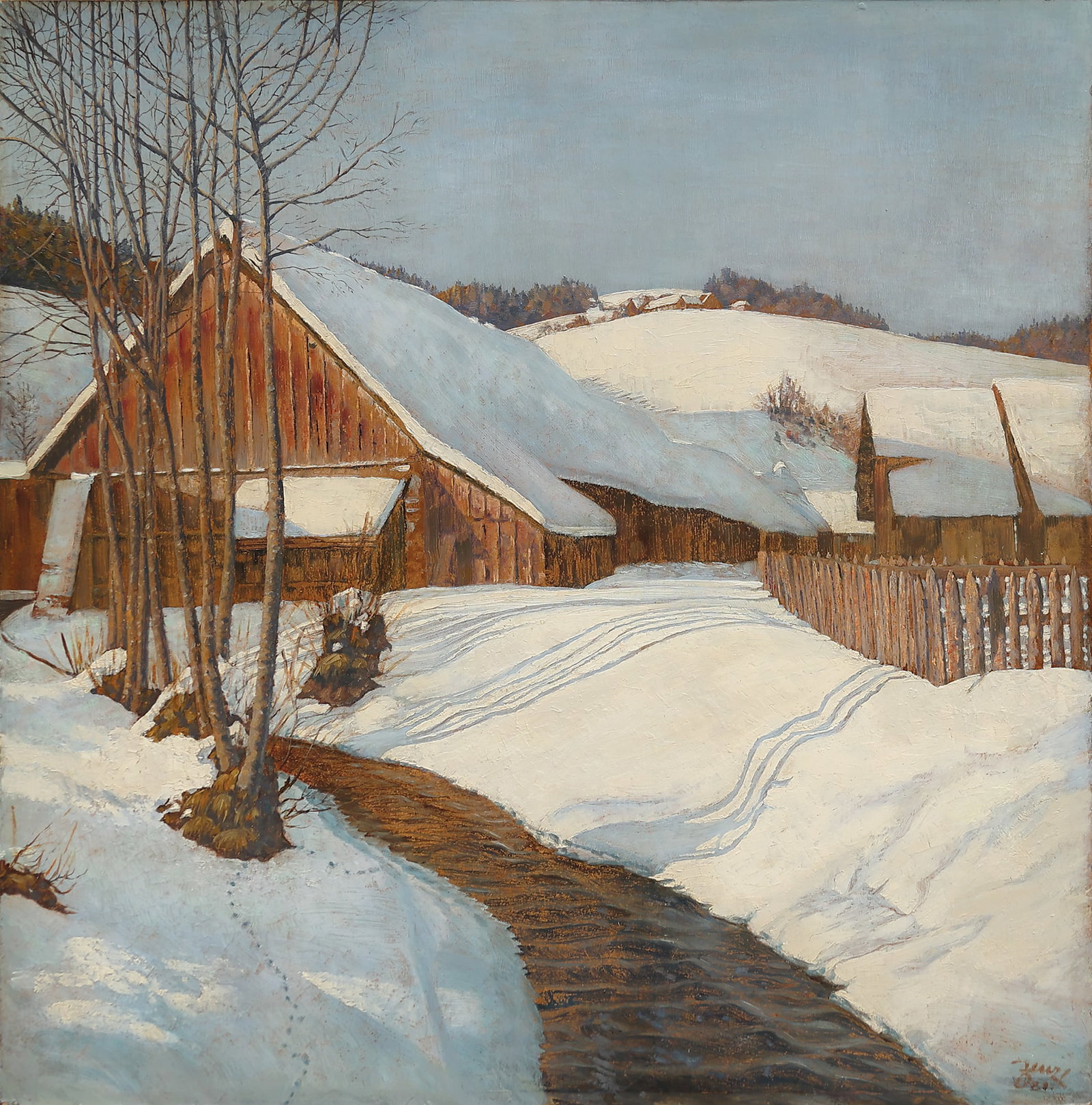 Emil Fenzl (Vienna 1865 - 1921 Vienna): Emil Fenzl (Vienna 1865 - 1921 Vienna) Near Au in Upper Austria, 1920 oil/cardboard 69,5 x 68,5 cm signed Fenzl, dated 20 verso signed and inscribed Fenzl, bei Au in Oberösterreich <