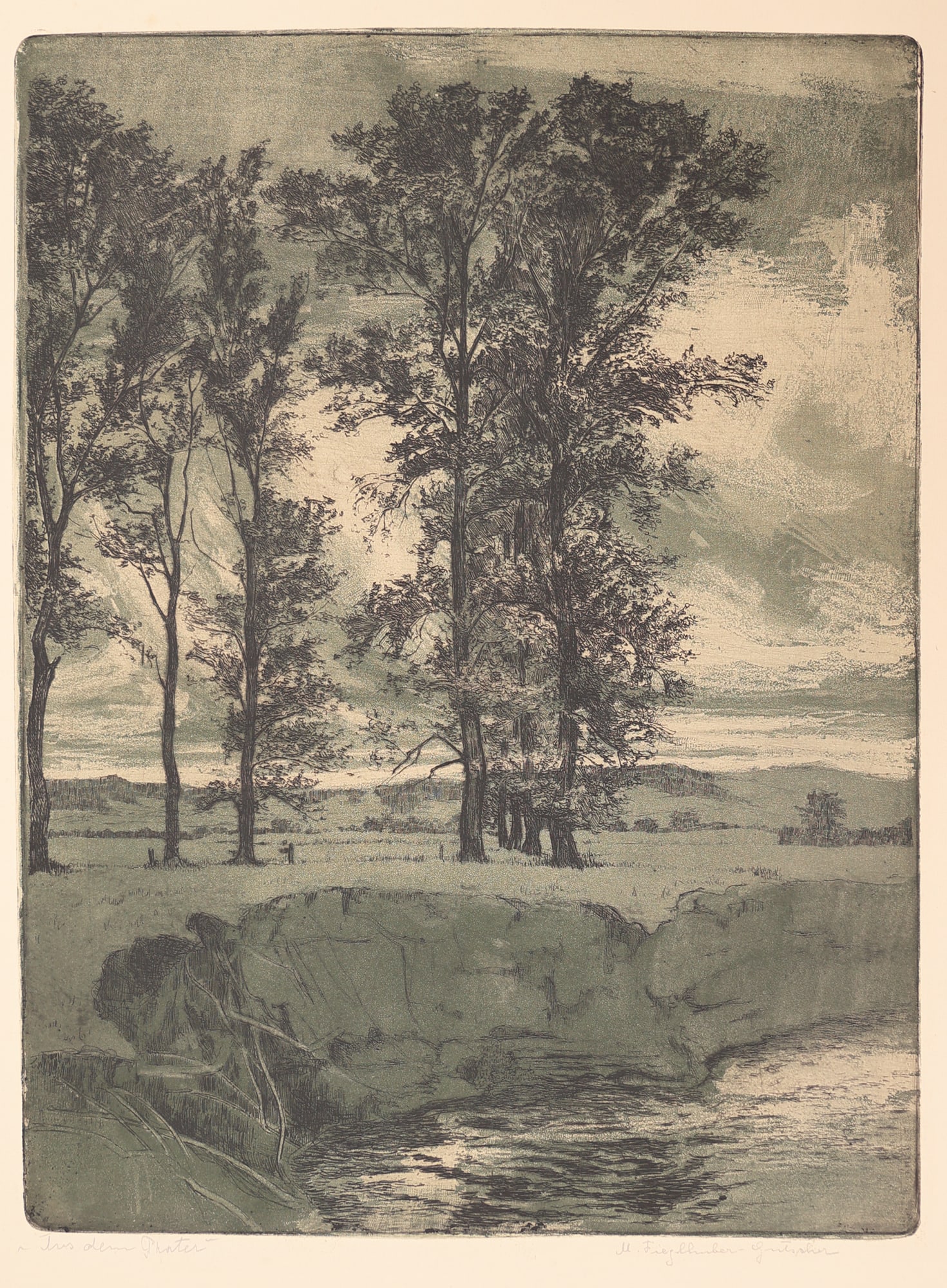 Marianne Fieglhuber-Gutscher* (Vienna 1886 - 1978 Graz): Marianne Fieglhuber-Gutscher* (Vienna 1886 - 1978 Graz) From the Prater etching/paper 50 x 37 cm signed M. Fieglhuber-Gutscher, inscribed Aus dem Prater SCHÄTZPREIS /