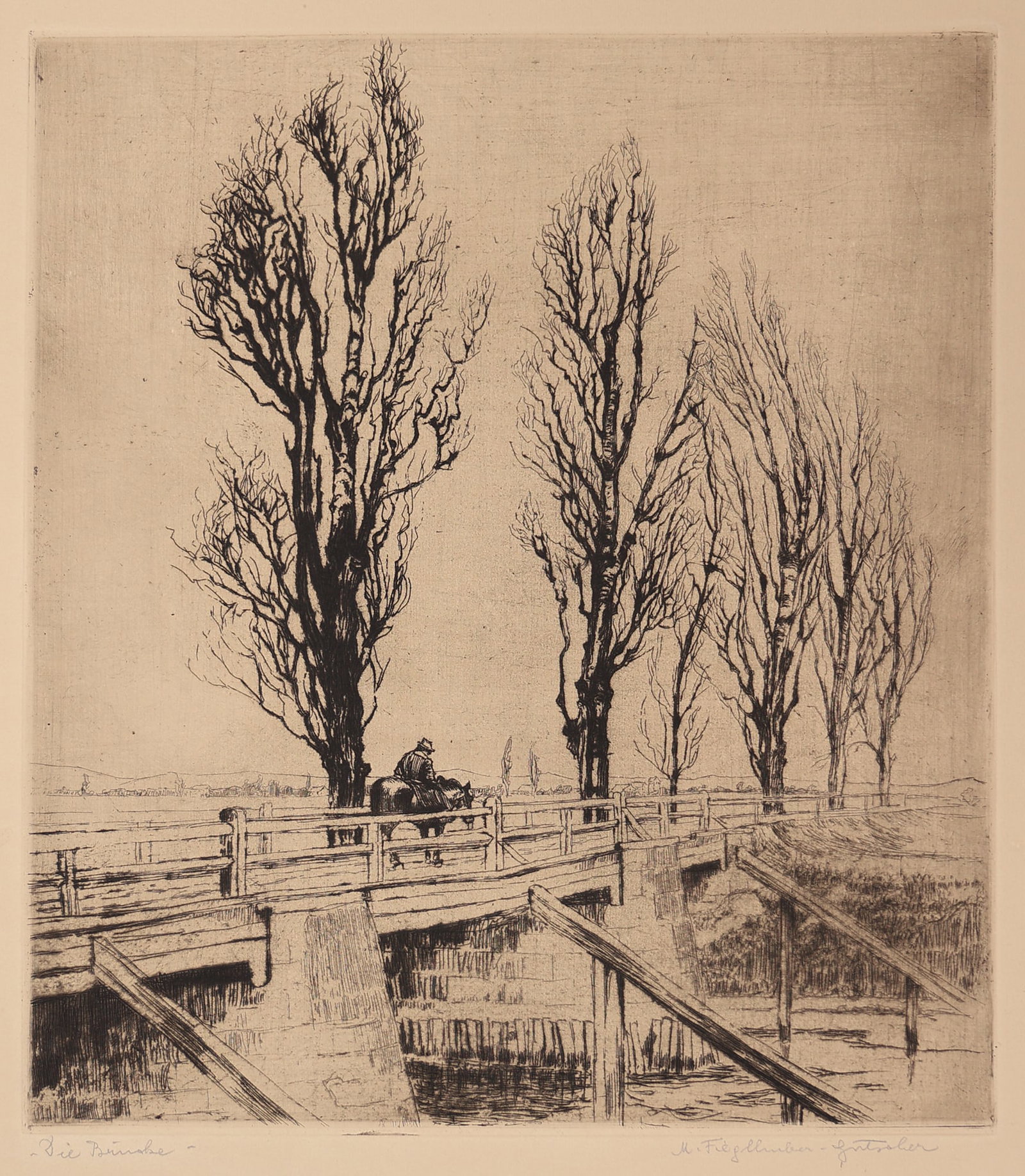 Marianne Fieglhuber-Gutscher* (Vienna 1886 - 1978 Graz): Marianne Fieglhuber-Gutscher* (Vienna 1886 - 1978 Graz) Bridge etching/paper 42,5 x 35,5 cm signed M. Fieglhuber-Gutscher, inscribed "Die Brücke" SCHÄTZPREIS / ES