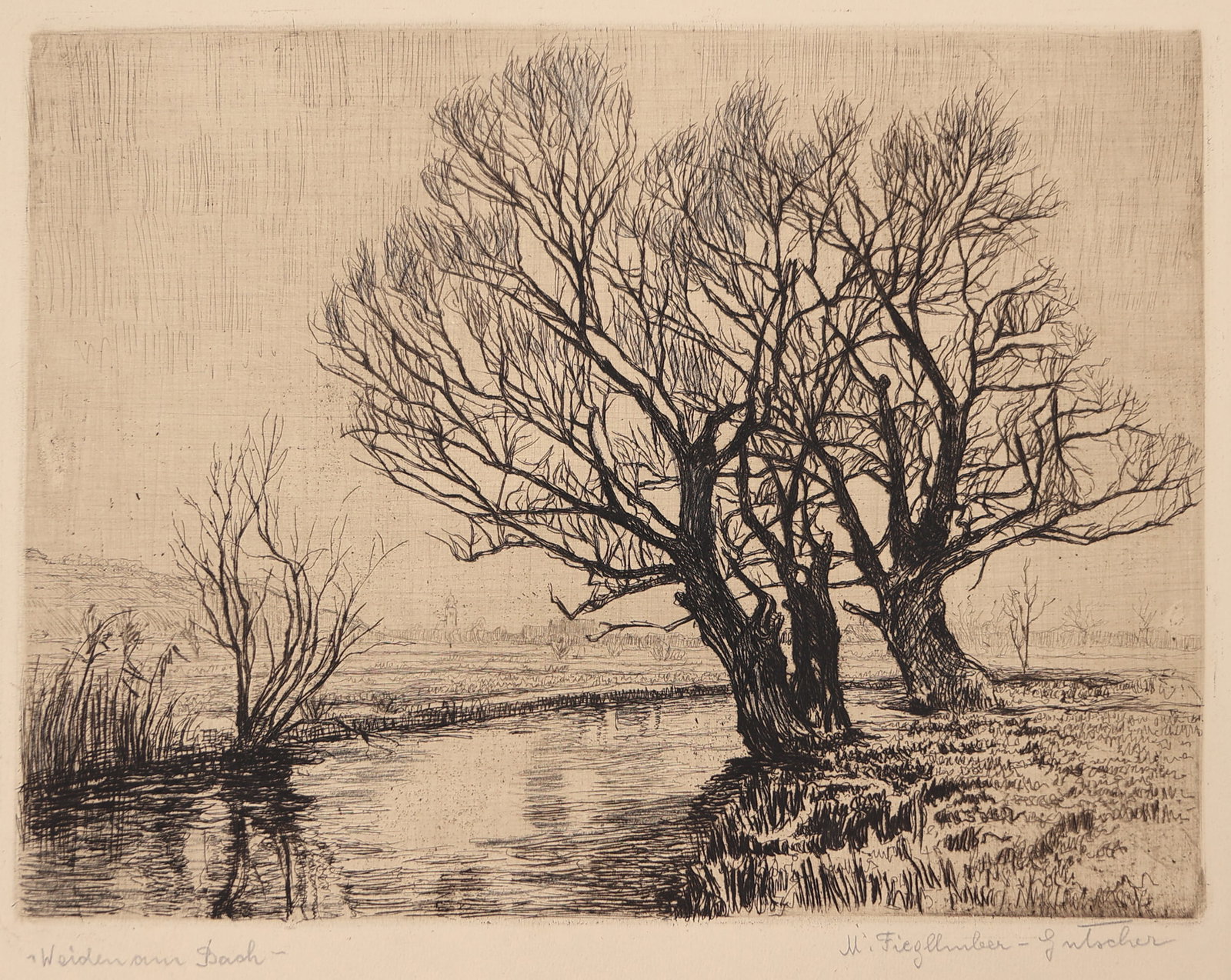 Marianne Fieglhuber-Gutscher* (Vienna 1886 - 1978 Graz): Marianne Fieglhuber-Gutscher* (Vienna 1886 - 1978 Graz) Willow trees by the stream etching/paper 26,2 x 33,8 cm signed M. Fieglhuber-Gutscher, inscribed "Weiden am Bach" SC