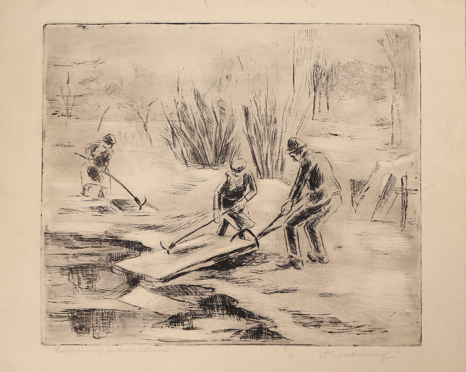 Marianne Fieglhuber-Gutscher* (Vienna 1886 - 1978 Graz): Marianne Fieglhuber-Gutscher* (Vienna 1886 - 1978 Graz) Ice breakers in Lower Austria etching/paper 35,7 x 42 cm inscribed "Eisgewinnung in Nieder-Österreich" SCHÄ