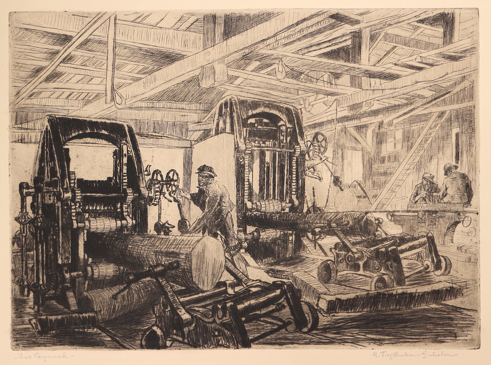Marianne Fieglhuber-Gutscher* (Vienna 1886 - 1978 Graz): Marianne Fieglhuber-Gutscher* (Vienna 1886 - 1978 Graz) The sawmill etching/paper 38 x 50,6 cm signed M. Figlhuber-Gutscher, inscribed Das Sägewerk SCHÄTZPREIS /