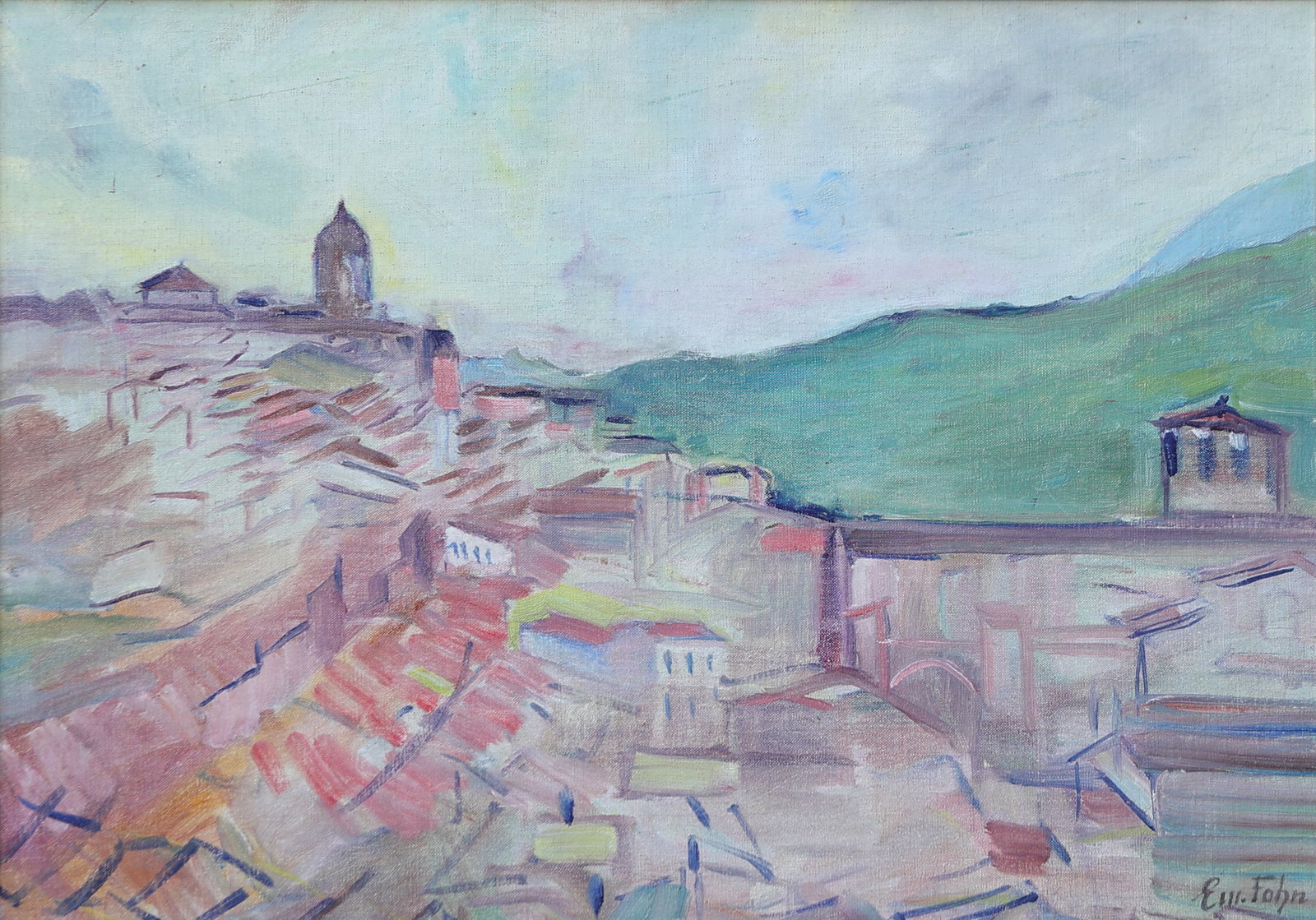 Emanuel Fohn* (Klagenfurt 1881 - 1966 Bozen): Emanuel Fohn* (Klagenfurt 1881 - 1966 Bozen) City view oil/canvas 37 x 51 cm signed Em. Fohn SCHÄTZPREIS / ESTIMATE € 800 - 1600 STARTPREIS / STARTING PRICE