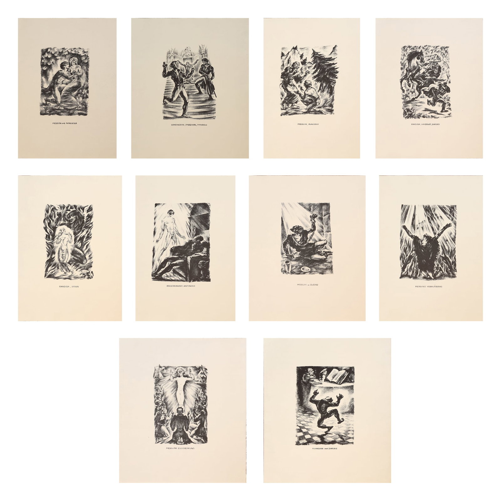 Hans Freese* (Germany 1886 - 1966): Hans Freese* (Germany 1886 - 1966) Bundle of 10 Lithographs Immermann Merlin 1|Merlin And Niniana lithography/paper 18 x 11,5 cm inscribed in the print Merlin und Niniana 2|Lohengrin, Pa