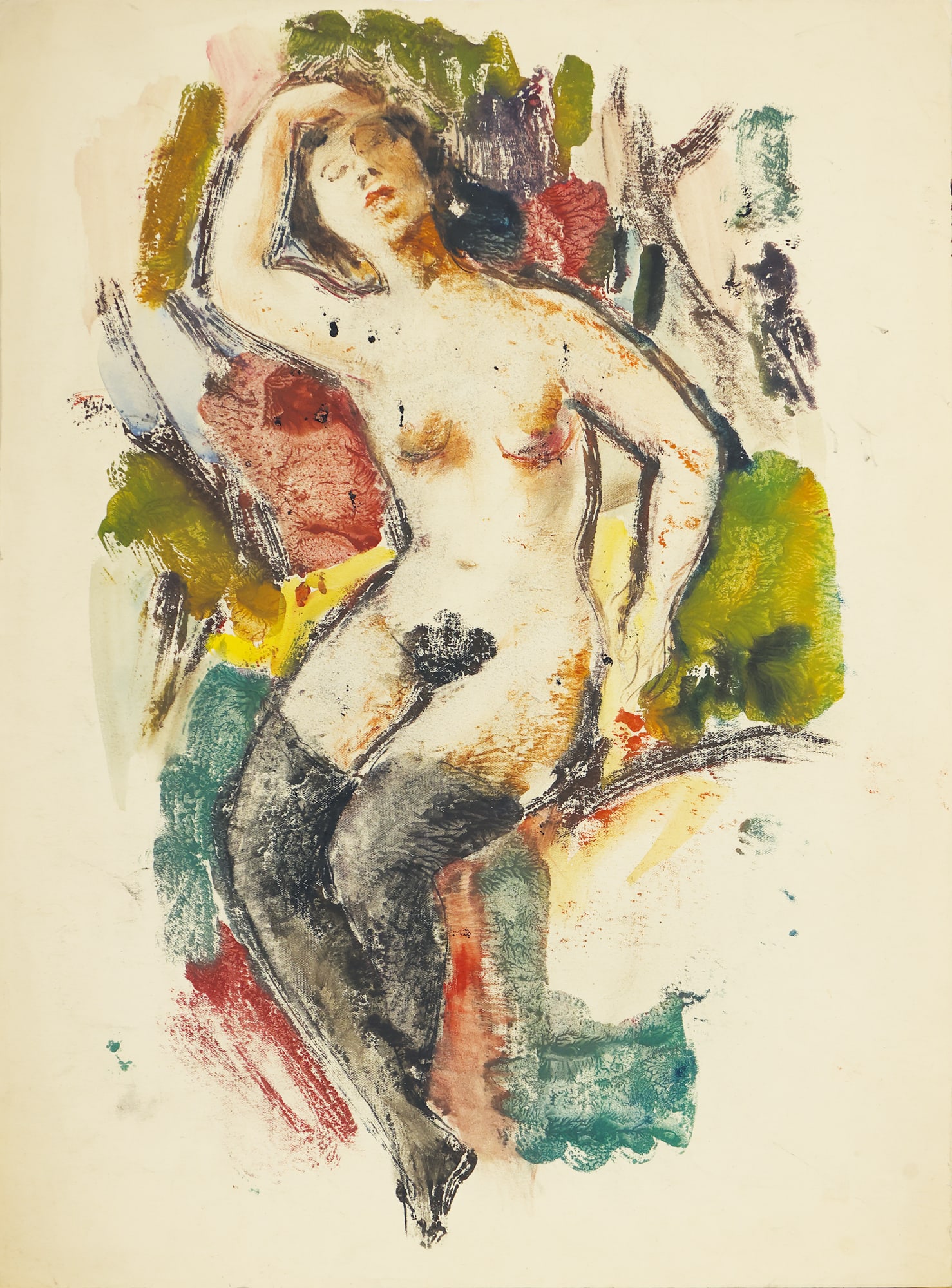 Oskar Gawell (Chawlodno 1888 - 1955 Vienna): Oskar Gawell (Chawlodno 1888 - 1955 Vienna) Nude in stockings mixed media/paper 46,5 x 34 cm verso another drawing SCHÄTZPREIS / ESTIMATE °€ 800 - 1600