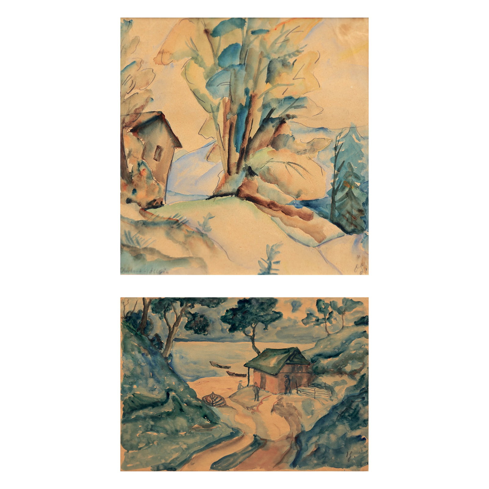 Oskar Gawell (Chawlodno 1888 - 1955 Vienna): Oskar Gawell (Chawlodno 1888 - 1955 Vienna) Bundle of 2 drawings 1| House by the Lake watercolor/paper 26 x 34,8 cm monogrammed OG. 2| Oberdorf im Allgäu watercolor/paper 24