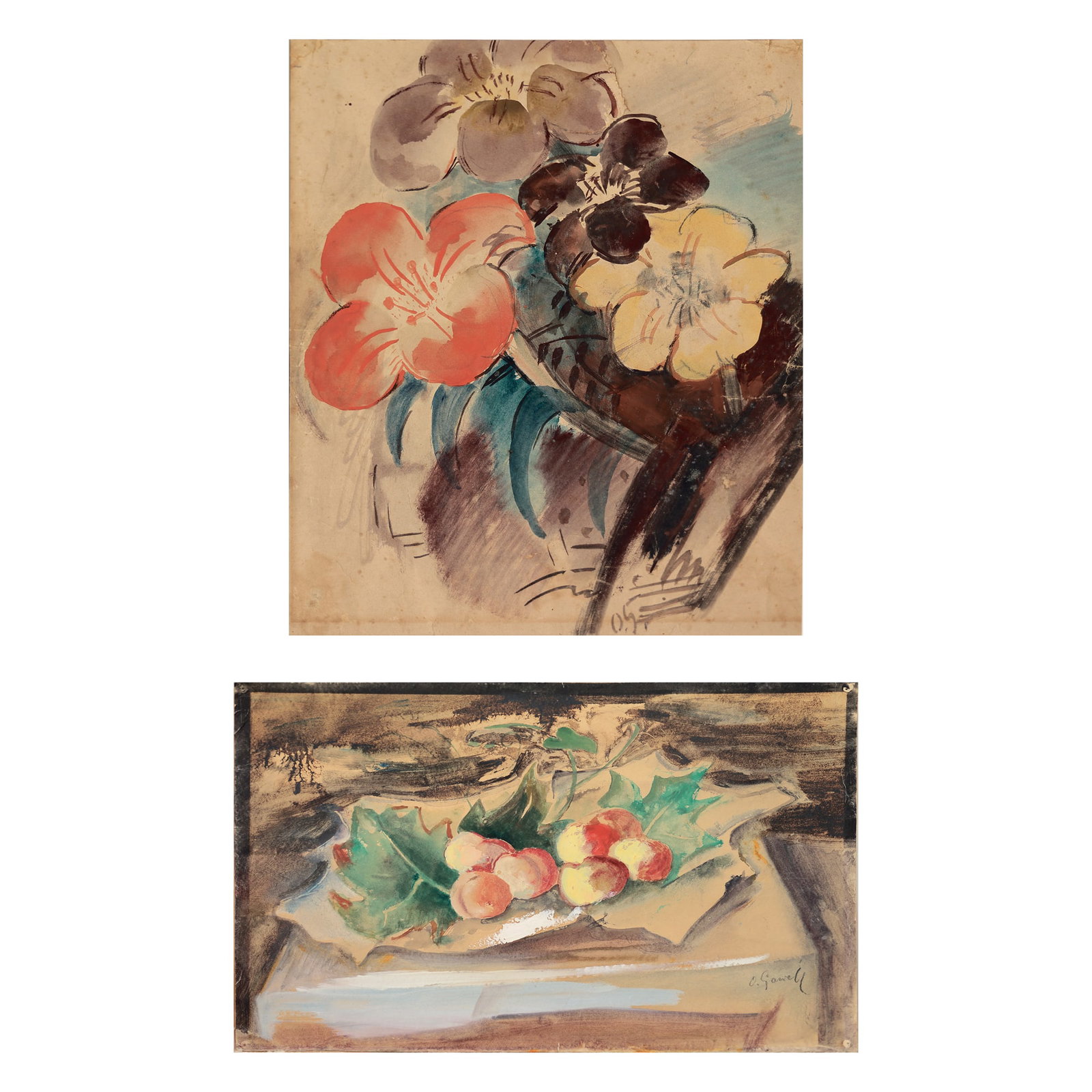 Oskar Gawell (Chawlodno 1888 - 1955 Vienna): Oskar Gawell (Chawlodno 1888 - 1955 Vienna) Bundle of 2 floral still life 1| Still life with a bowl of fruit mixed media/paper 44,5 x 62,5 cm signed O.Gawell 2| Floral still life