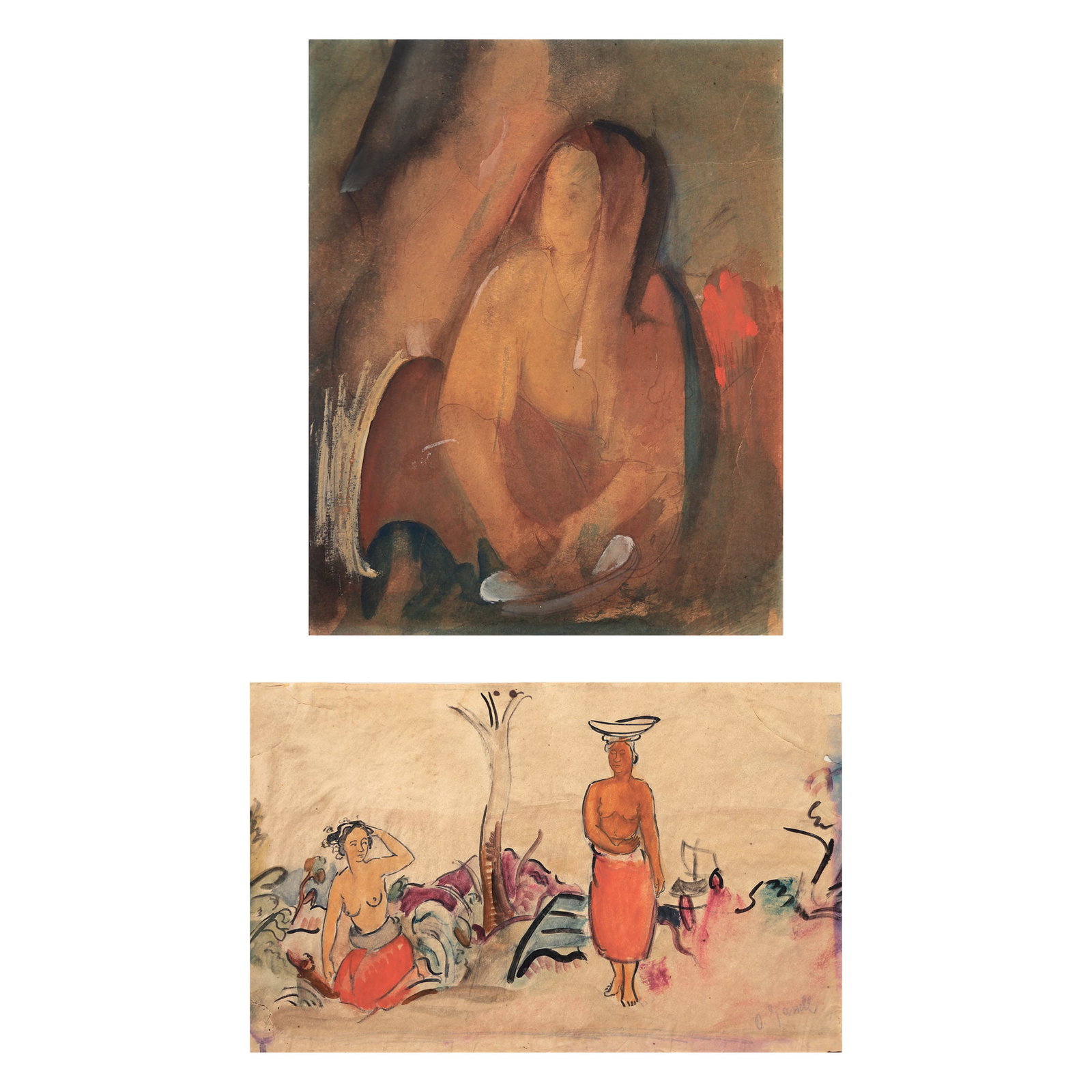Oskar Gawell (Chawlodno 1888 - 1955 Vienna): Oskar Gawell (Chawlodno 1888 - 1955 Vienna) Bundle of 2 gouaches 1| Women Washing in the Southern Seas gouache/paper 35,5 x 52 cm signed O. Gawell 2| St. Veronica gouache/paper