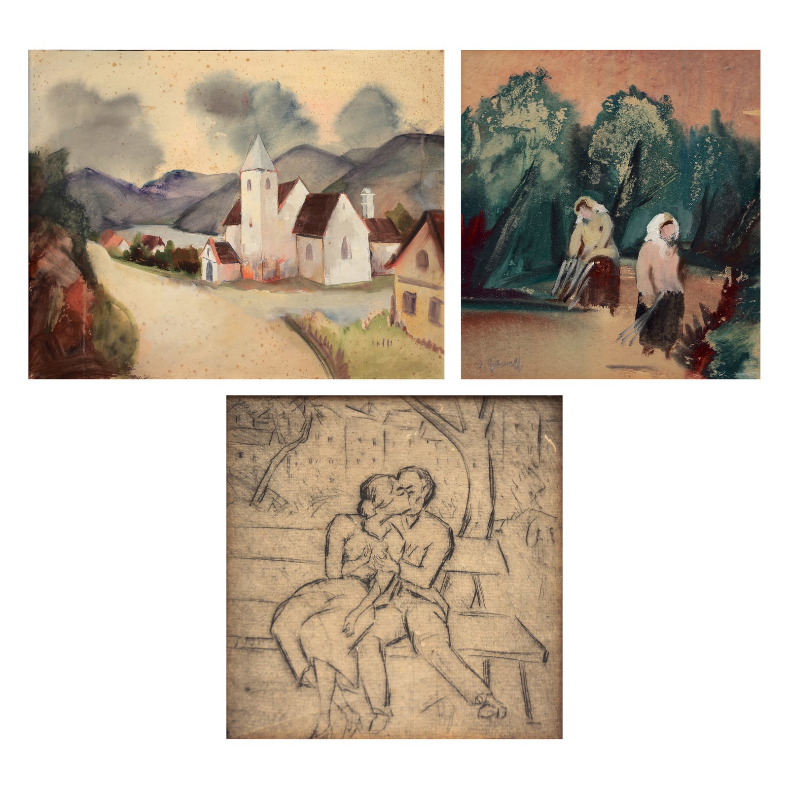 Oskar Gawell (Chawlodno 1888 - 1955 Vienna): Oskar Gawell (Chawlodno 1888 - 1955 Vienna) Bundle of 3 works 1| Village Church in the Mountains gouache/paper 52,5 x 69,4 cm signed O. Gawell verso stamped O.Gawell 2| Women on a F