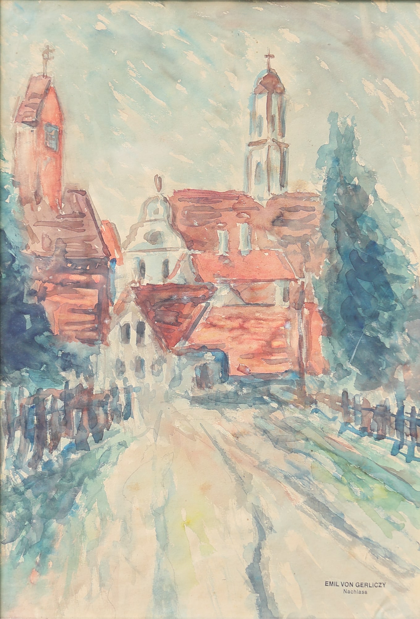 Emil von Gerliczy (Wolfsbüchel 1871 - 1924 Zurich): Emil von Gerliczy (Wolfsbüchel 1871 - 1924 Zurich) Church watercolor/paper 45,5 x 31,5 cm estate stamp Emil von Gerliczy SCHÄTZPREIS / ESTIMATE € 100 - 200<