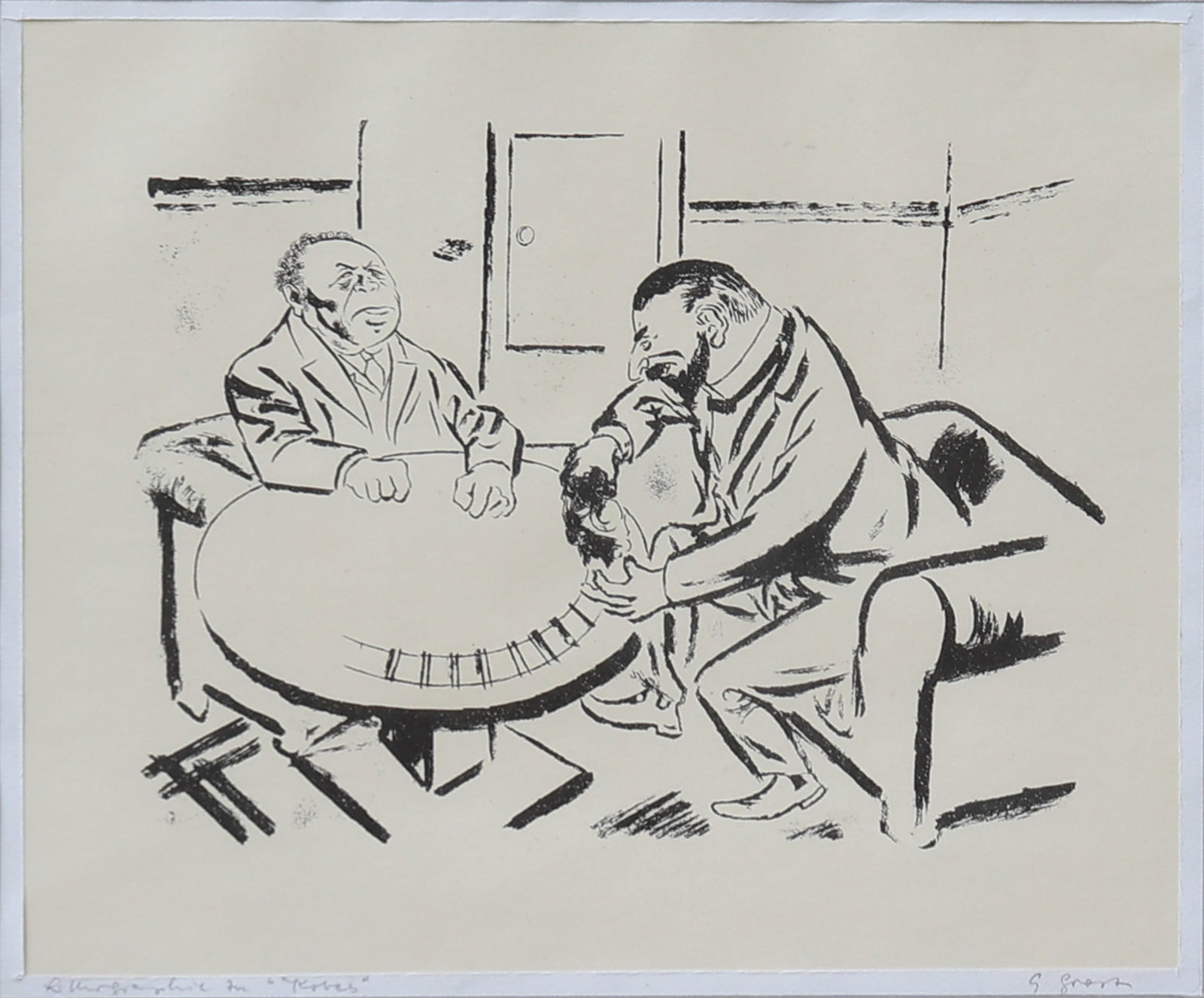 George Grosz* (Berlin 1893 - 1959 Berlin): George Grosz* (Berlin 1893 - 1959 Berlin) In restaurant print/paper 19,5 x 25 cm from the portfolio Kobes SCHÄTZPREIS / ESTIMATE € 200 - 400 STARTPREIS / STA