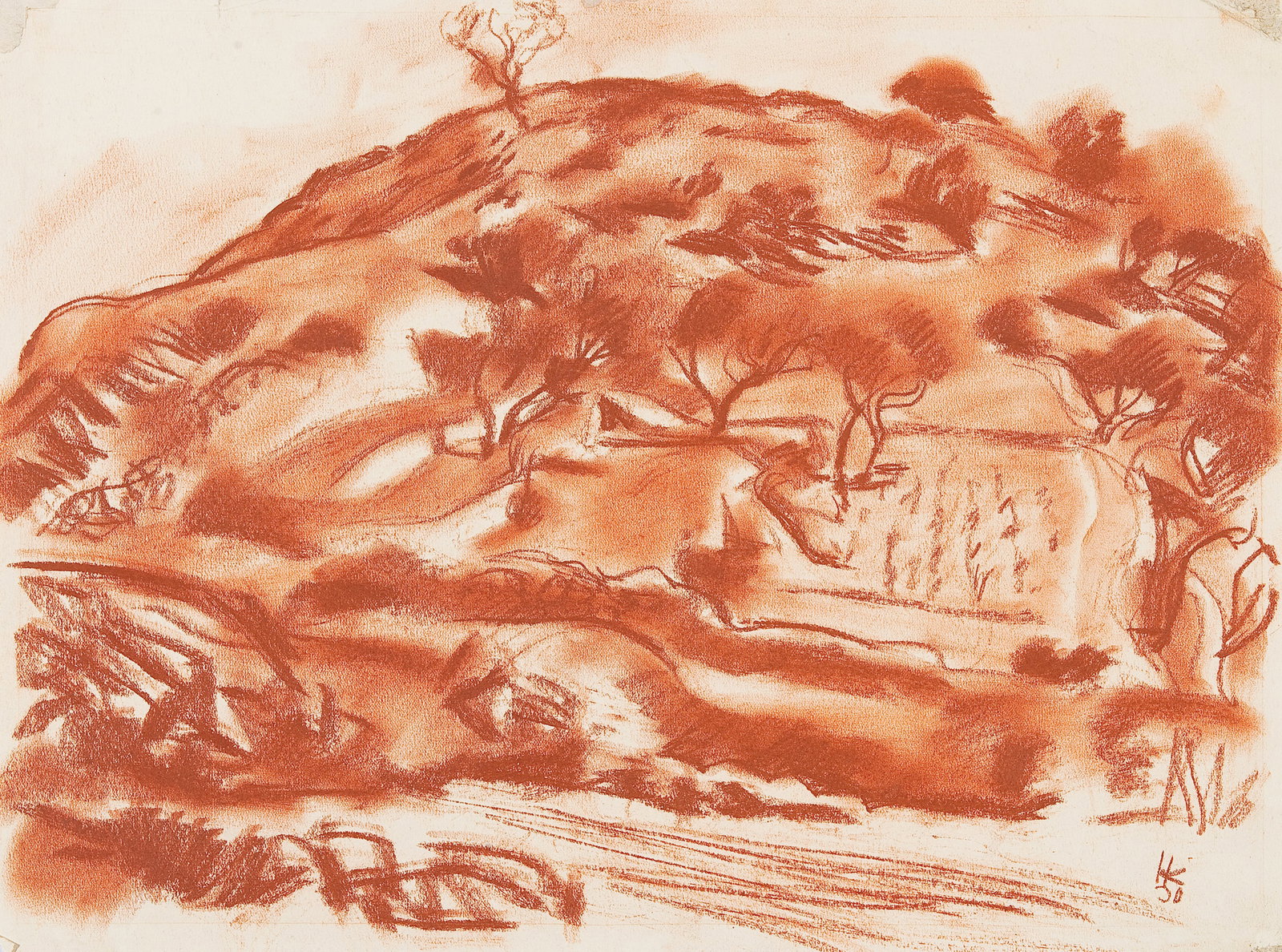 Karl Hauk* (Klosterneuburg 1898 - 1974 Vienna): Karl Hauk* (Klosterneuburg 1898 - 1974 Vienna) Mediterranean landscape red chalk/paper 30 x 40 cm dated 30, monogrammed HK verso estate stamp SCHÄTZPREIS / ESTIMAT