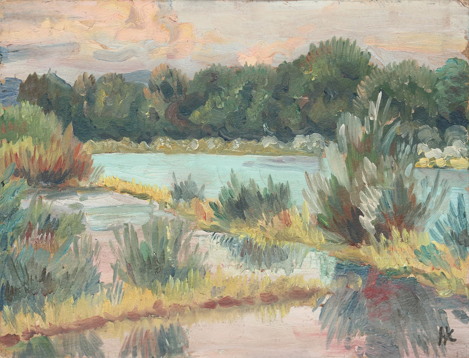 Karl Hauk* (Klosterneuburg 1898 - 1974 Vienna): Karl Hauk* (Klosterneuburg 1898 - 1974 Vienna) Shoreland oil/cardboard 18,3 x 24,5 cm monogrammed HK SCHÄTZPREIS / ESTIMATE °€ 400 - 600 STARTPREIS / ST