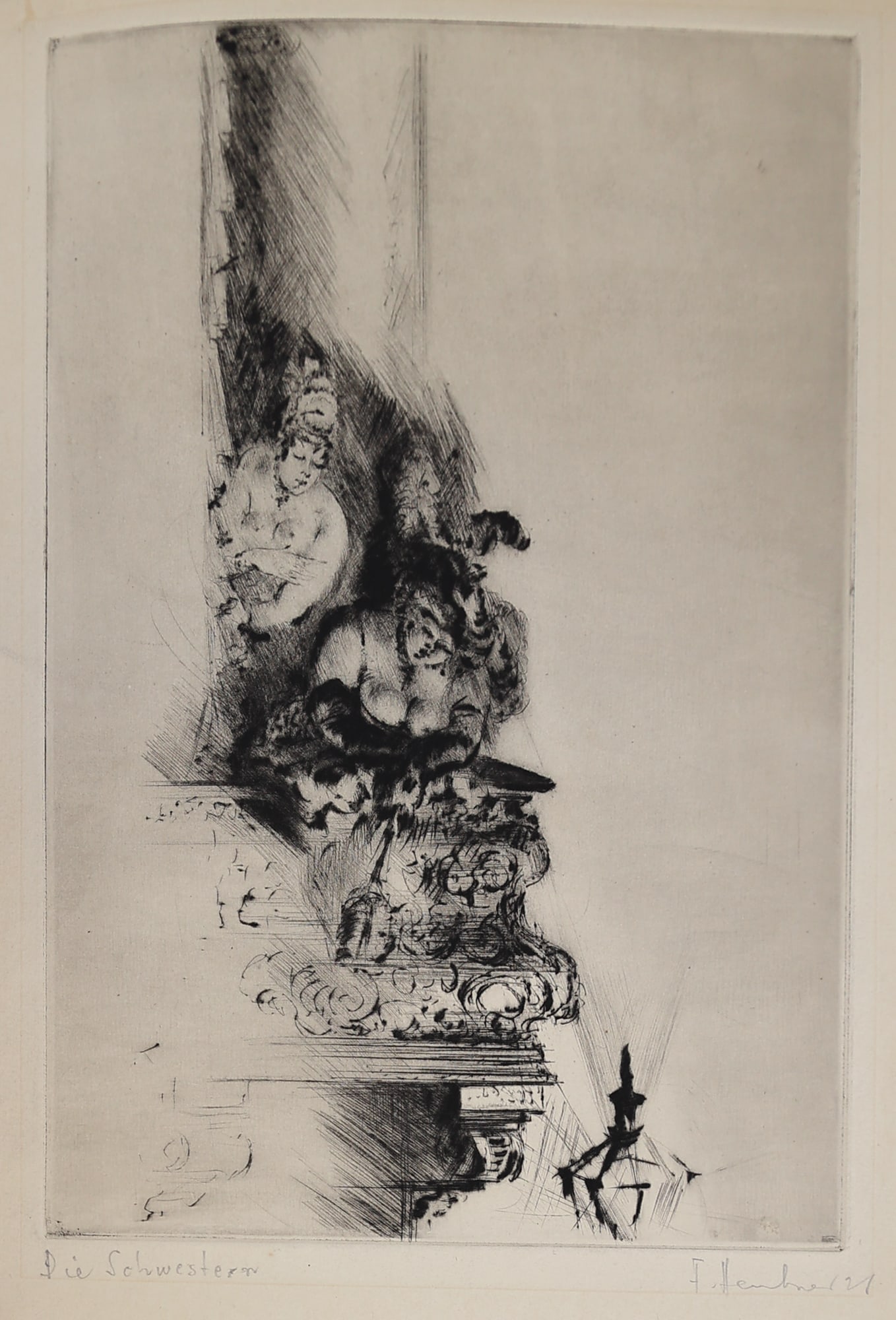 Friedrich Leonhard Heubner* (Dresden 1886 - 1974 Munich): Friedrich Leonhard Heubner* (Dresden 1886 - 1974 Munich) The sisters, 1921 etching/paper 29,5 x 20 cm signed F. Heubner, dated 21 inscribed Die Schwester SCHÄTZPRE
