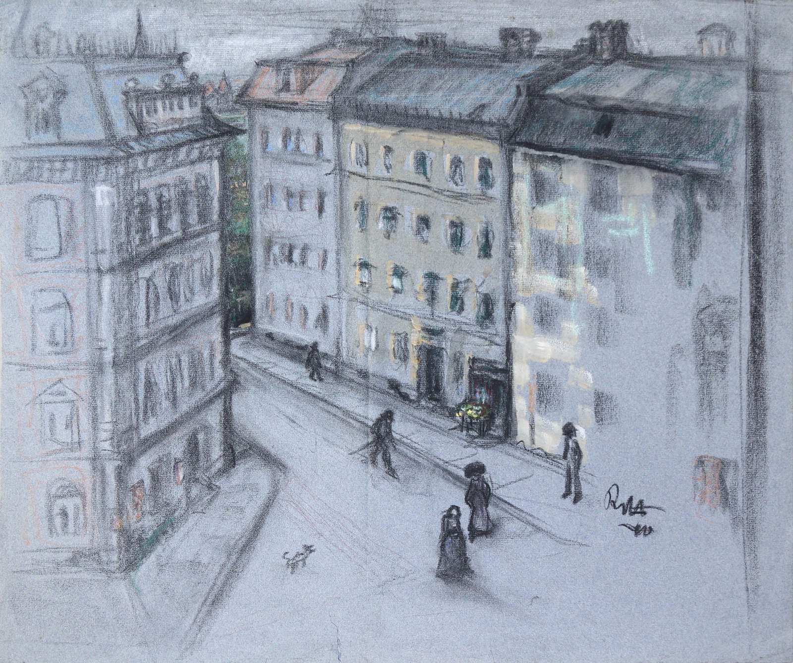 Rolf Erik von Hoerschelmann (Dorpat 1885 - 1947 Feldafing): Rolf Erik von Hoerschelmann (Dorpat 1885 - 1947 Feldafing) Street scene charcoal/paper 41,5 x 49 cm signed Rolf EV SCHÄTZPREIS / ESTIMATE °€ 150 - 300 S