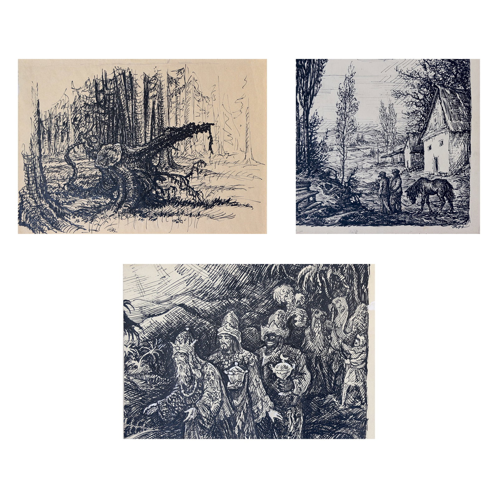 Rolf Erik von Hoerschelmann (Dorpat 1885 - 1947 Feldafing): Rolf Erik von Hoerschelmann (Dorpat 1885 - 1947 Feldafing) Bundle of 3 drawings 1| Adoration of the Magi indian ink and watercolor/paper 12,8 x 18,4 cm 2| Stroll indian ink/paper 19,9 x