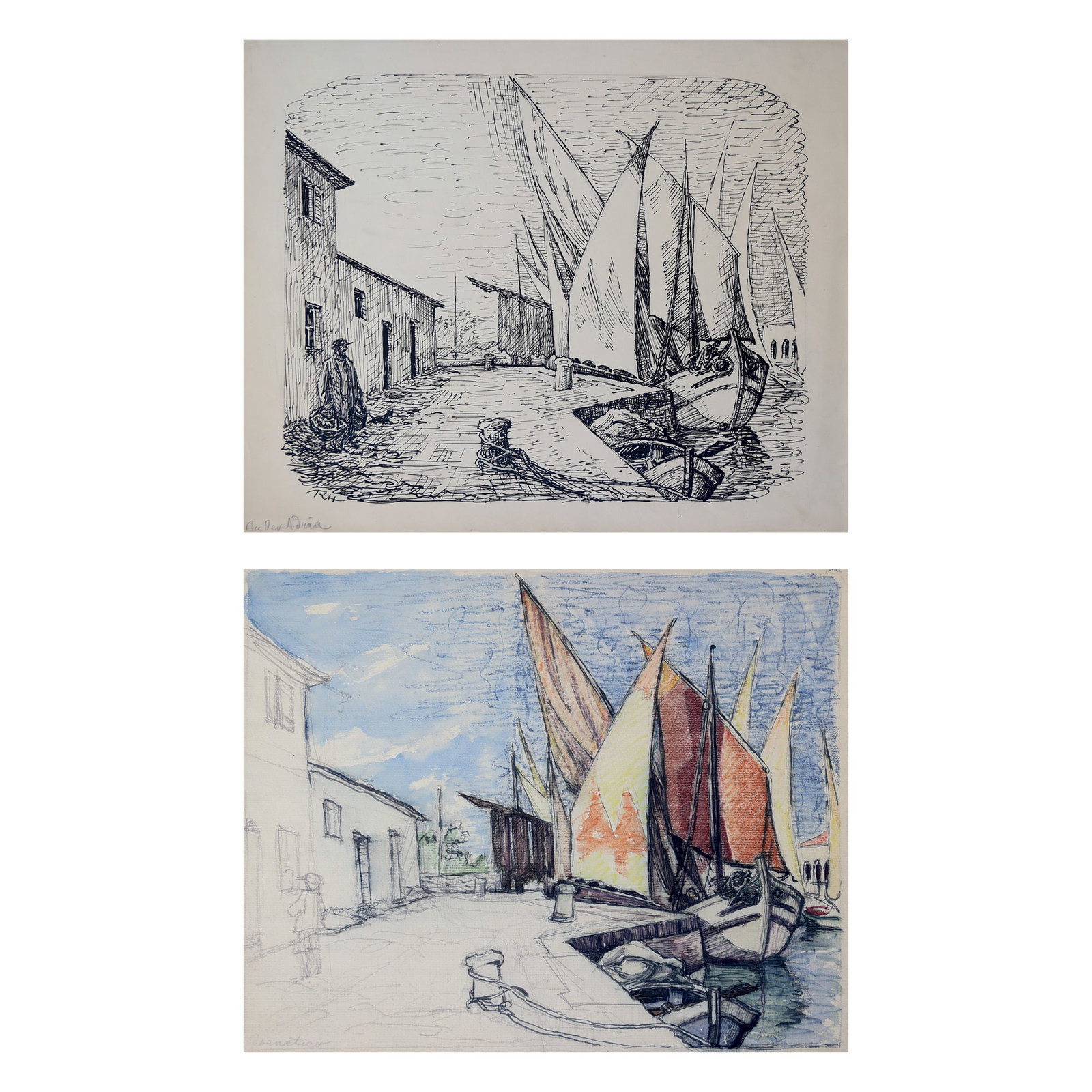 Rolf Erik von Hoerschelmann (Dorpat 1885 - 1947 Feldafing): Rolf Erik von Hoerschelmann (Dorpat 1885 - 1947 Feldafing) Bundle of 2 drawings 1| At the Adria indian ink/paper 31 x 38 cm monogrammed RH, inscribed An der Adria 2| Cesenatico water