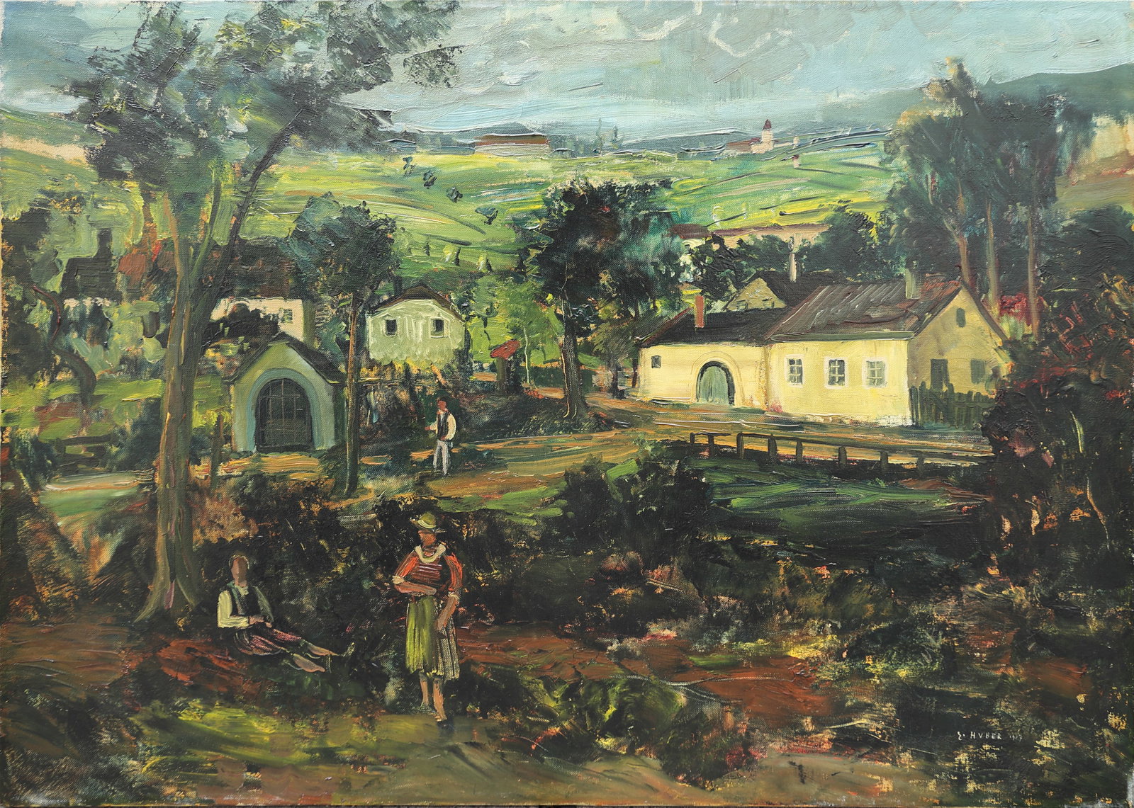 Ernst Huber* (Vienna 1895 - 1960 Vienna): Ernst Huber* (Vienna 1895 - 1960 Vienna) Village in summer, 1927 oil/canvas 70,5 x 100 cm signed E. Huber, dated 1927 SCHÄTZPREIS / ESTIMATE °€ 3000 - 5000<