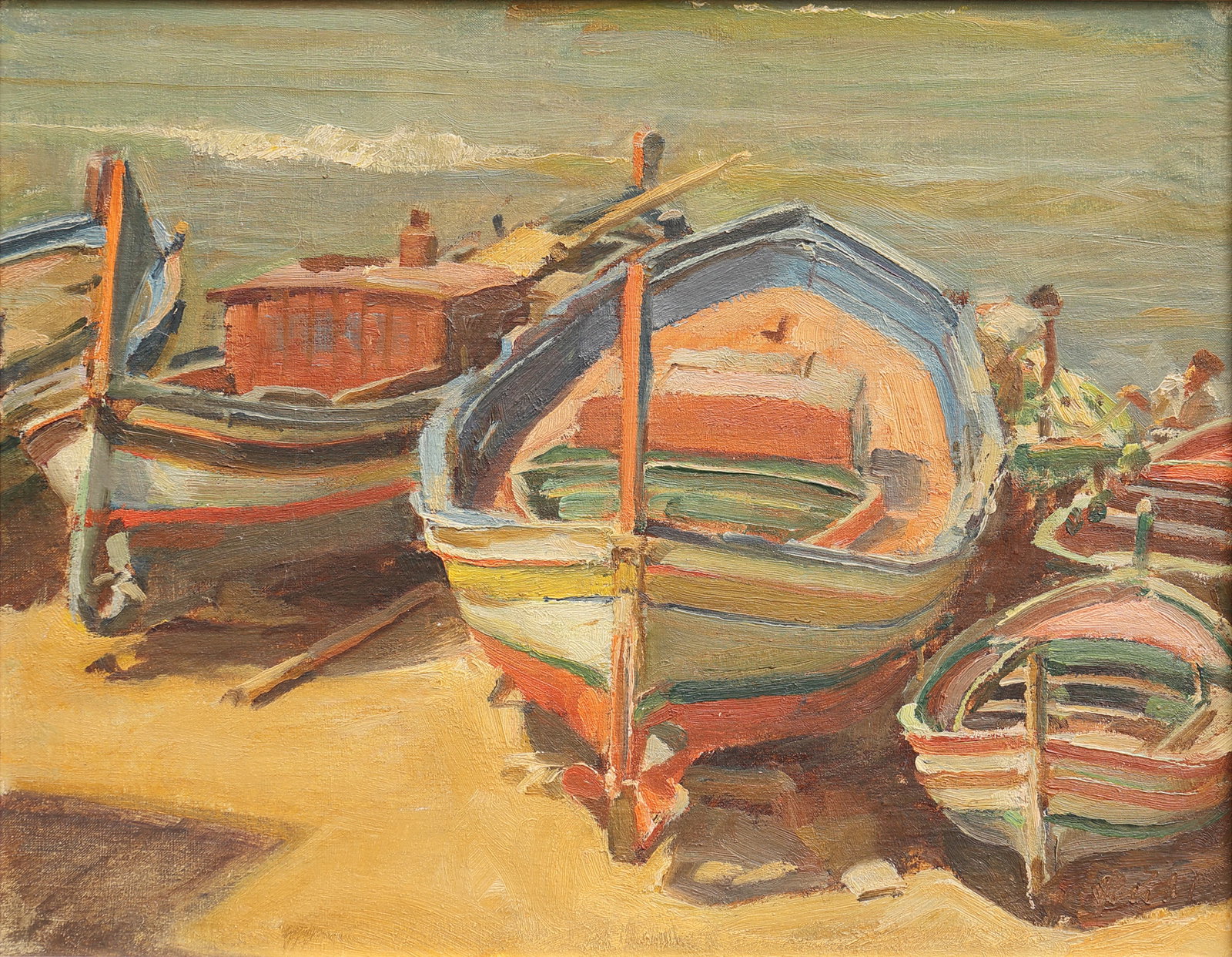 Hanns Hübl* (Villach 1898 - 1967 Rheinhausen): Hanns Hübl* (Villach 1898 - 1967 Rheinhausen) Sicilian fishing boats oil/wood 38 x 48 cm signed Hübl verso label Sizilianische Fischerboote. Prof. Hanns Hübl. Gmunden am Traunsee - 