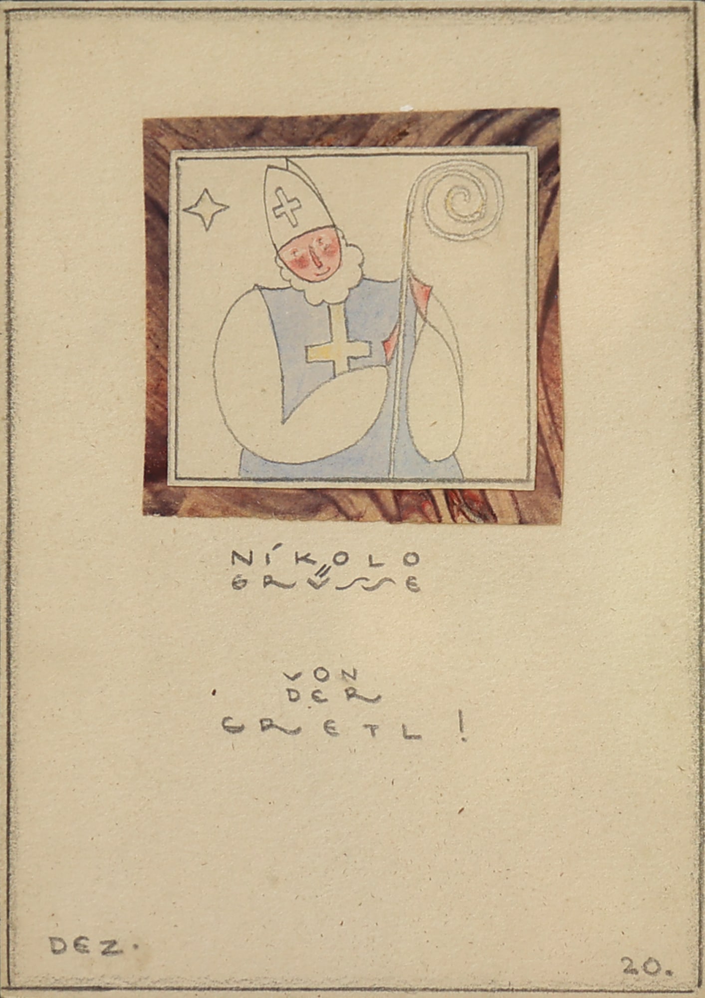 Margaret Jelinek-Wiglitzki* (Brno 1895 - 1983 Vienna): Margaret Jelinek-Wiglitzki* (Brno 1895 - 1983 Vienna) Nikolo greetings, 1920 mixed media/paper 14,5 x 10 cm inscribed Nikolo Grüsse von der Grete 20 SCHÄTZPREIS /