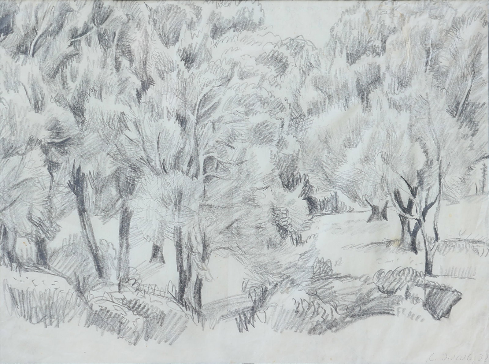 Georg Jung* (Salzburg 1899 - 1957 Vienna): Georg Jung* (Salzburg 1899 - 1957 Vienna) Forest, 1932 pencil/paper 30 x4 0 cm signed G. Jung, dated 32 SCHÄTZPREIS / ESTIMATE € 200 - 400 STARTPREIS / START