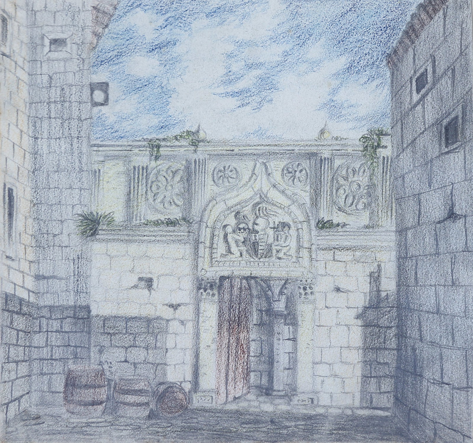 Georg Jung* (Salzburg 1899 - 1957 Vienna): Georg Jung* (Salzburg 1899 - 1957 Vienna) Old gate, 1912 colored pencil/paper 21 x 23 cm signed G. Jung, dated 1912 SCHÄTZPREIS / ESTIMATE € 50 - 100 STARTPR