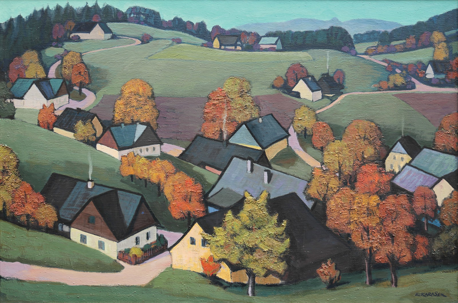 Rudolf Karasek* (Jablonecké Paseky 1895 - 1986 Lauterbach): Rudolf Karasek* (Jablonecké Paseky 1895 - 1986 Lauterbach) Village in the Jizera Mountains oil/canvas 80 x 120 cm signed R. Karasek verso inscribed "Am Berghang" (Isergebirge)