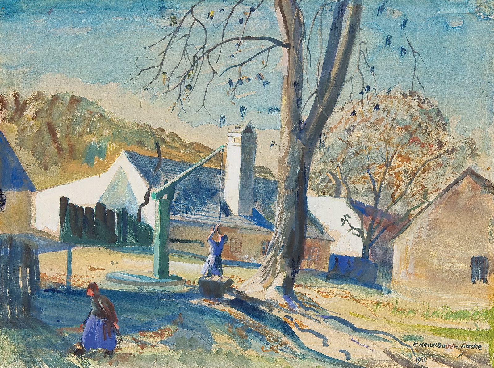 Elisabeth Kesselbauer-Laske* (Vienna1884 - 1977 Vienna): Elisabeth Kesselbauer-Laske* (Vienna1884 - 1977 Vienna) At the Bisamberg, 1940 gouache/paper 29,5 x 39,8 cm signed E. Kesselbauer-Laske, dated 1940 SCHÄTZPREIS / ESTIM