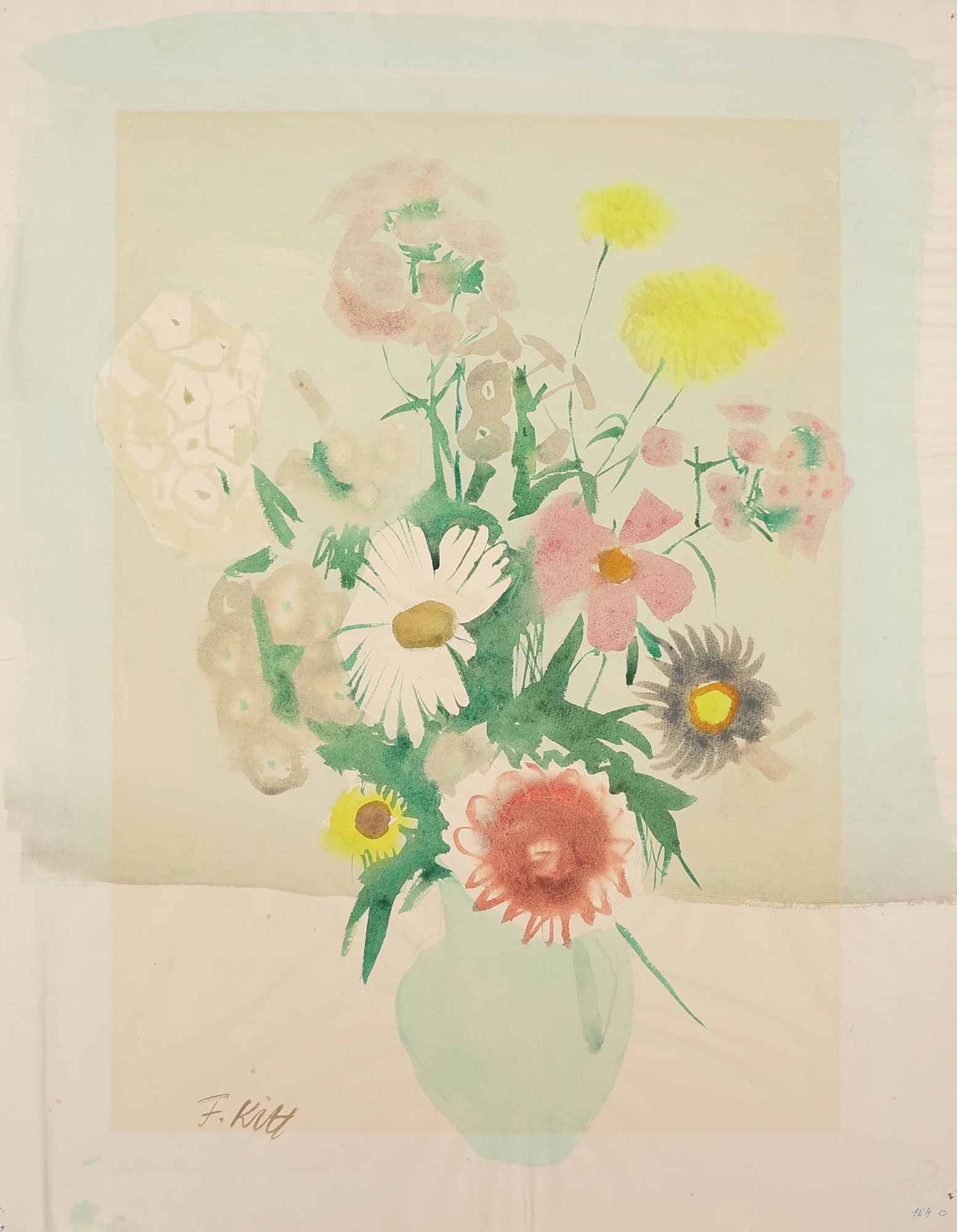 Ferdinand Kitt* (Vienna 1887 - 1961 Vienna): Ferdinand Kitt* (Vienna 1887 - 1961 Vienna) Flower vase watercolor/paper 62 x 49 cm signed F. Kitt SCHÄTZPREIS / ESTIMATE °€ 300 - 500 STARTPREIS / STAR