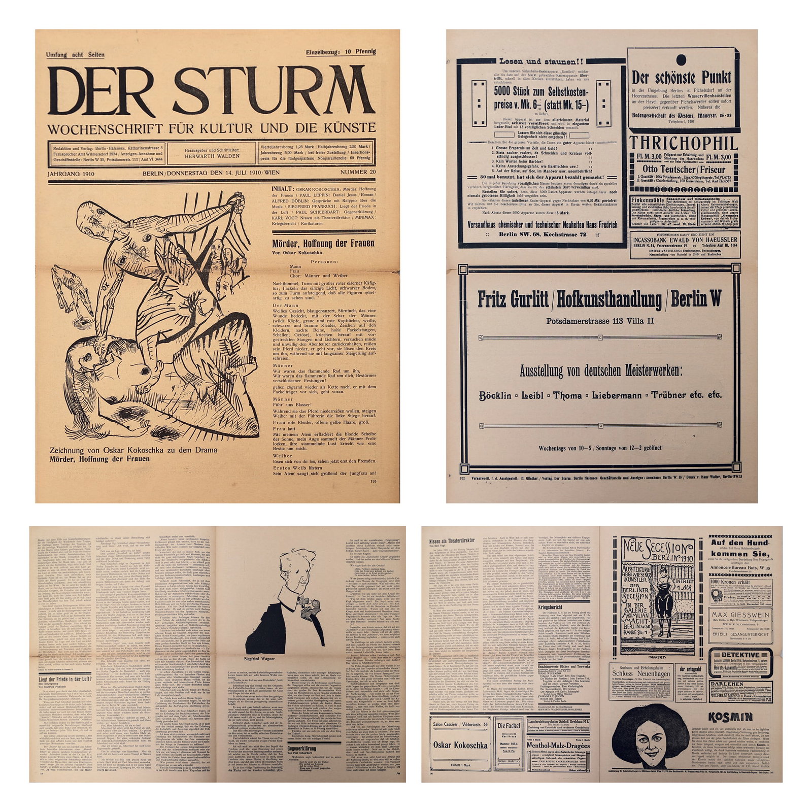 Oskar Kokoschka* (Pöchlarn 1886 - 1980 Montreux): Oskar Kokoschka* (Pöchlarn 1886 - 1980 Montreux) Newspaper Der Sturm, 1910 Eight pages including prints by Oskar Kokoschka and Siegfried Wagner print/paper 38,2 x 28,8 cm numbered 20