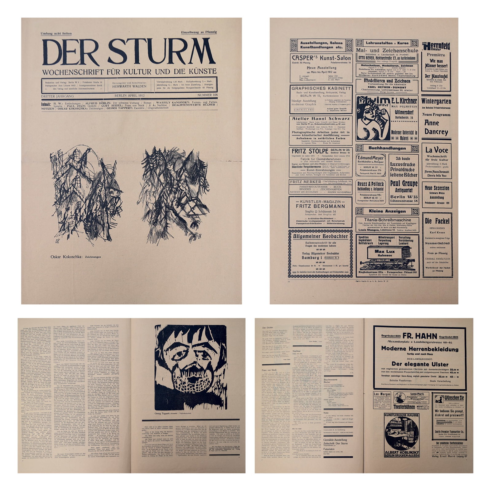 Oskar Kokoschka* (Pöchlarn 1886 - 1980 Montreux): Oskar Kokoschka* (Pöchlarn 1886 - 1980 Montreux) Newspaper Der Sturm, 1912 Eight pages including prints by Oskar Kokoschka and Georg Tappert print/paper 44,6 × 33 cm numbered 106