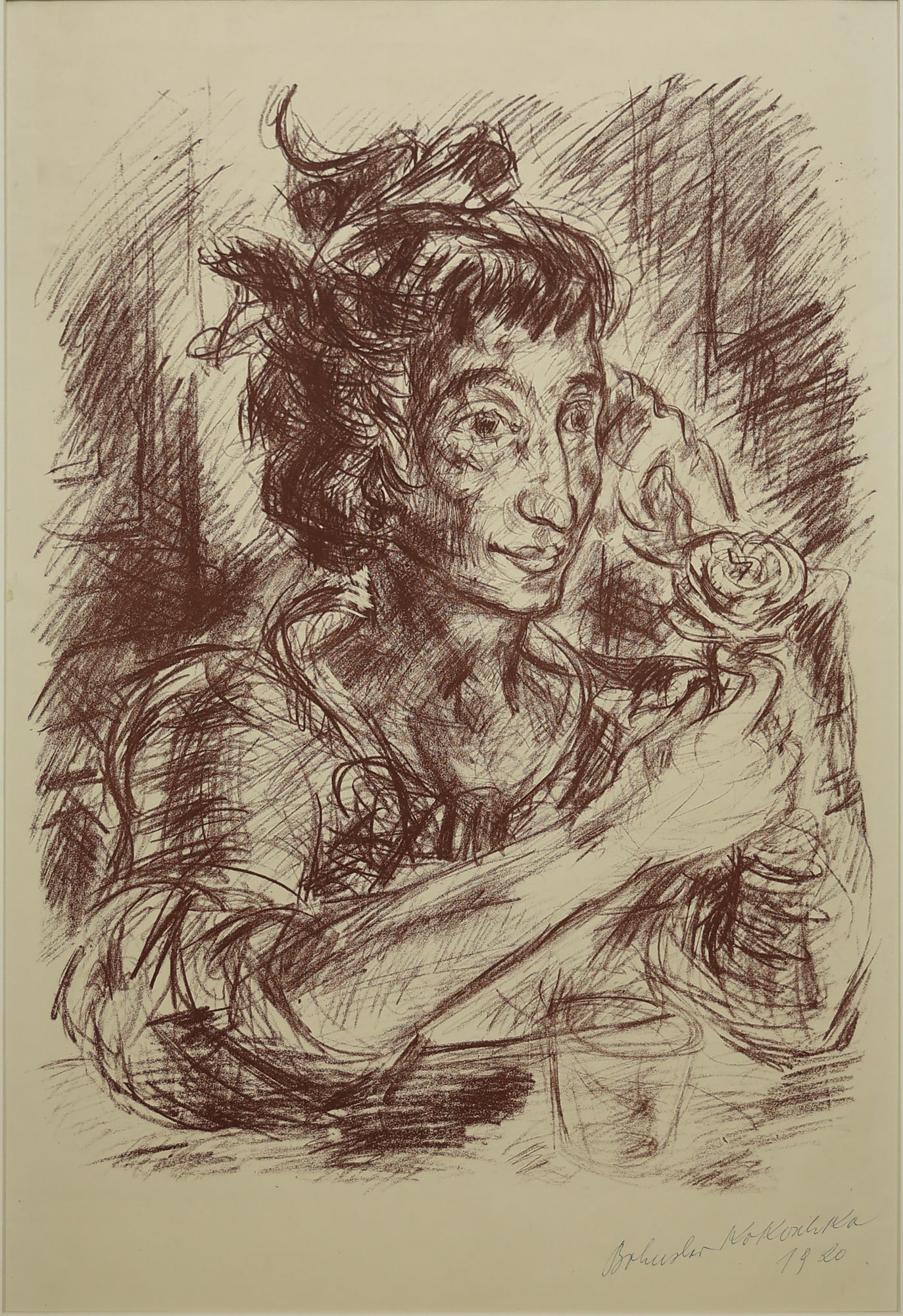 Bohuslav Kokoschka* (Vienna 1892 - 1976 Vienna): Bohuslav Kokoschka* (Vienna 1892 - 1976 Vienna) Lady with a rose, 1920 lihtograph/paper 91 x 63 cm signed Bohuslav Kokoschka, dated 1920 SCHÄTZPREIS / ESTIMATE °&