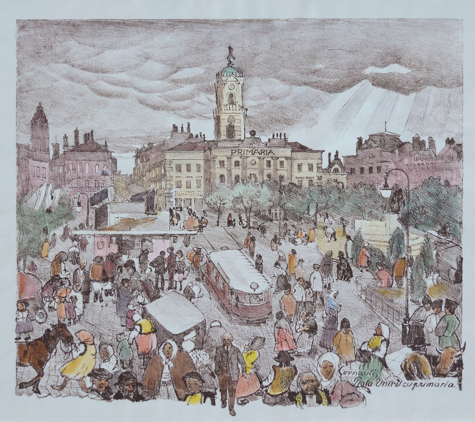 Oskar Laske (Chernivtsi 1874 - 1951 Vienna): Oskar Laske (Chernivtsi 1874 - 1951 Vienna) Central market Chernivtsi lithograph, colored/paper 33,5 x 38,6 cm monogrammed O. L., inscribed Cernauti Prata Unirucuprimaria S
