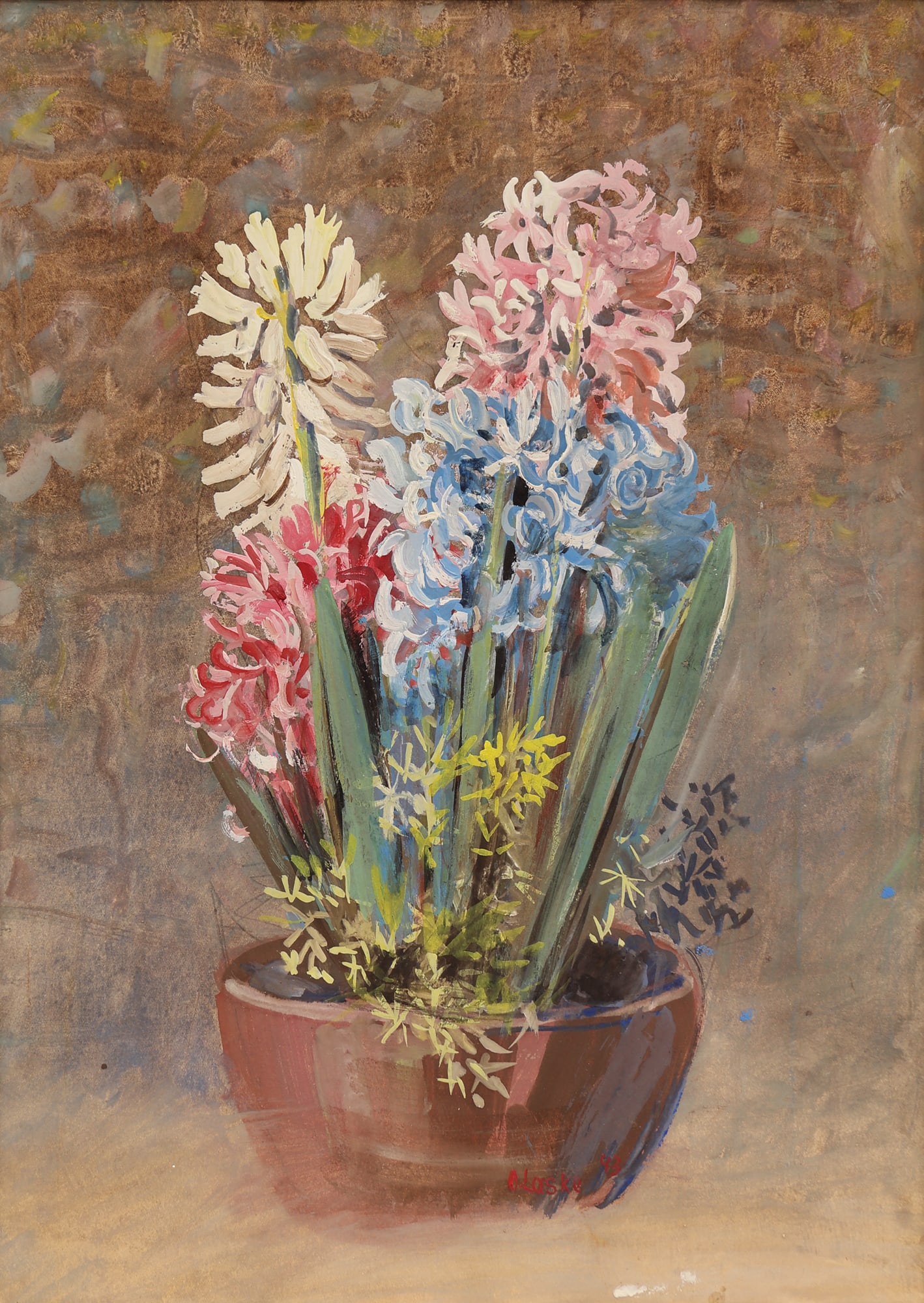 Oskar Laske (Chernivtsi 1874 - 1951 Vienna): Oskar Laske (Chernivtsi 1874 - 1951 Vienna) Hyacinths gouache/paper 39,5 x 28 cm signed O. Laske, dated 43 SCHÄTZPREIS / ESTIMATE € 200 - 400 STARTPREIS / ST