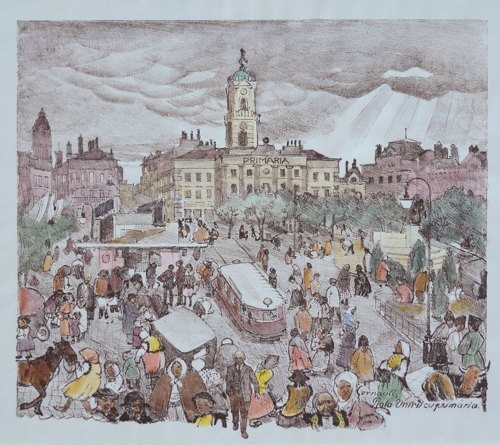 Oskar Laske (Chernivtsi 1874 - 1951 Vienna): Oskar Laske (Chernivtsi 1874 - 1951 Vienna) Traditional village wedding lithograph, colored/paper 33 x 43 cm signed O. Laske monogrammed and inscribed in the plate O. L., Nunta Taraneasca