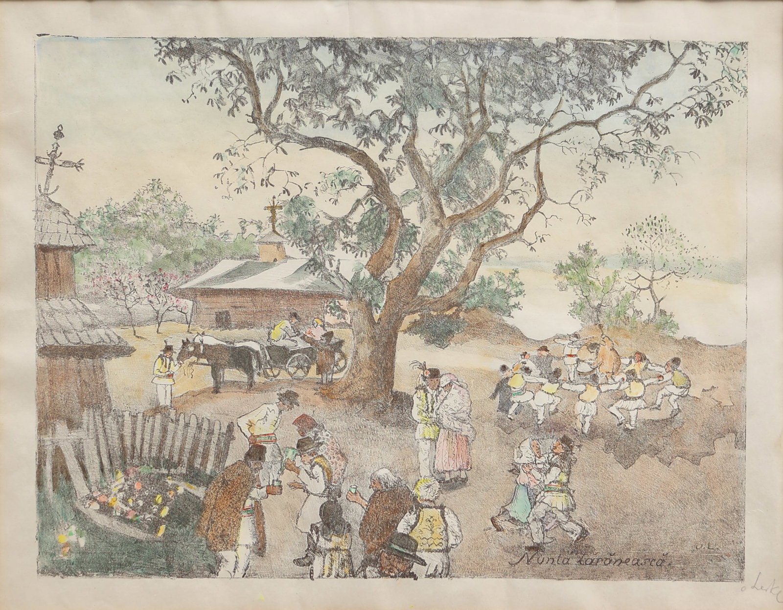 Oskar Laske (Chernivtsi 1874 - 1951 Vienna): Oskar Laske (Chernivtsi 1874 - 1951 Vienna) Traditional village wedding lithograph, colored/paper 33 x 43 cm signed O. Laske monogrammed and inscribed in the plate O. L., Nunta Taraneasca