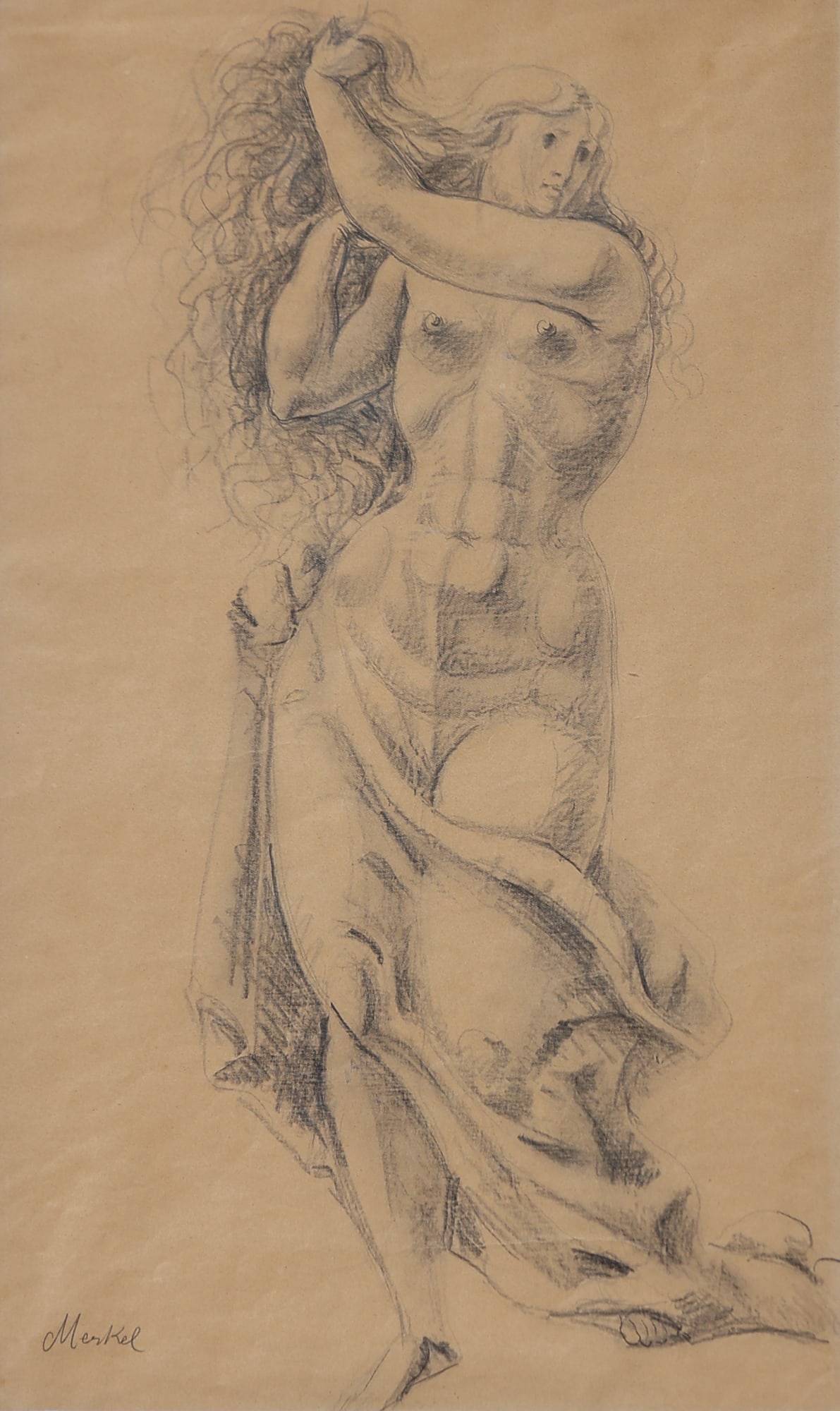 Georg Merkel* (Lemberg 1881 - 1976 Vienna): Georg Merkel* (Lemberg 1881 - 1976 Vienna) Standing nude charcoal/paper 45 x 27,5 cm signed Merkel SCHÄTZPREIS / ESTIMATE € 300 - 500 STARTPREIS / STARTING P