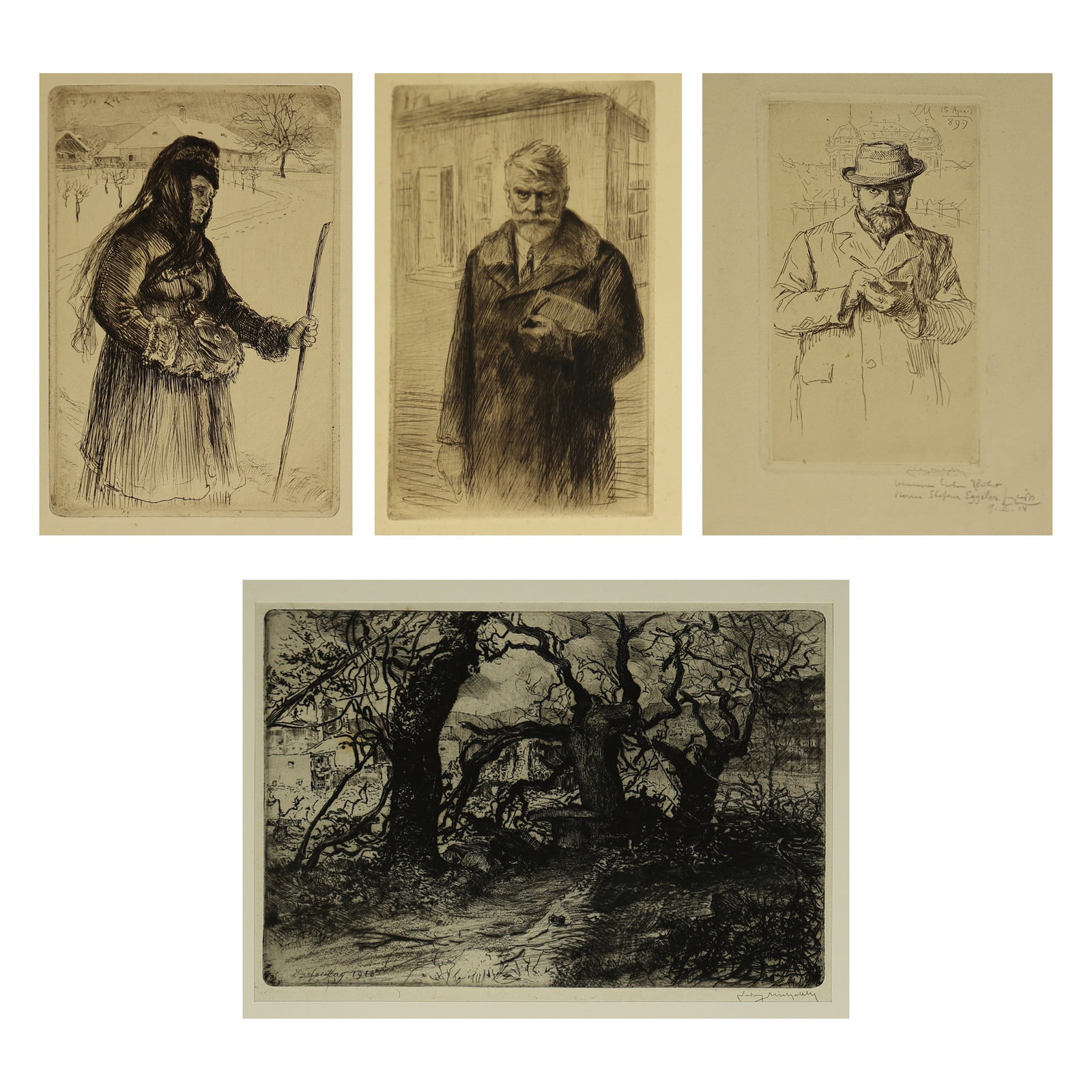 Ludwig Michalek (Temeswar 1859 - 1942 Vienna): Ludwig Michalek (Temeswar 1859 - 1942 Vienna) Bundle of 4 etchings 1| selfportrait etching/paper 23 x 12,8 cm 2| The painter, 1899 etching/paper 18,3 x 9,5 cm signed Ludwihg Michalek, monogrammed and