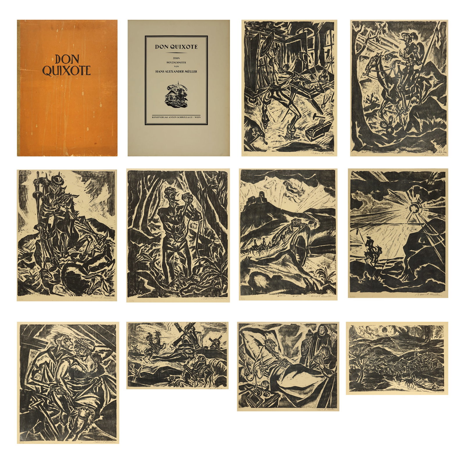 Hans Alexander Müller* (Nordhausen 1888 - 1962 Conneticut): Hans Alexander Müller* (Nordhausen 1888 - 1962 Conneticut) Don Quixote, 1924 portfolio of 10 woodcuts 60,5 x 45 cm all the sheets signed Hans A. Müller, numbered 1-10/76 SCHÄTZPREIS /