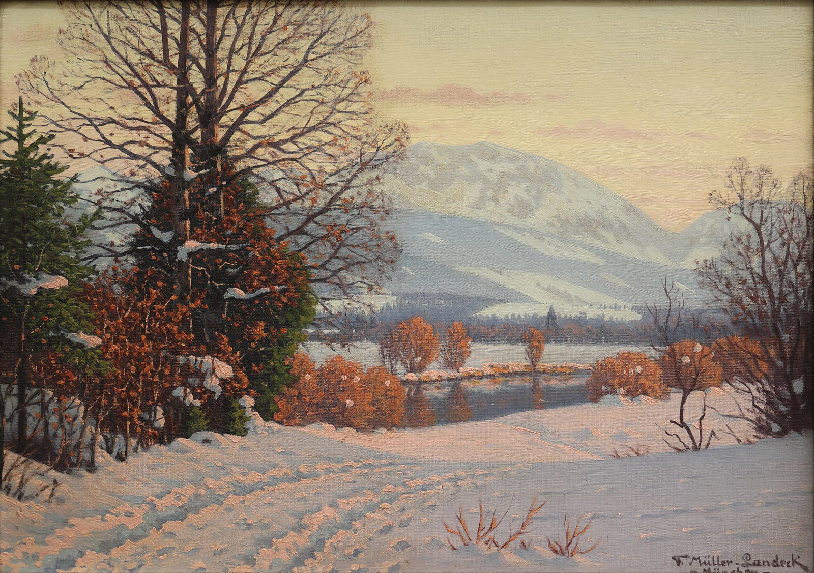 Fritz Müller-Landeck (Pinnow 1865 - 1942 Lenggries): Fritz Müller-Landeck (Pinnow 1865 - 1942 Lenggries) Winter landscape oil/canvas 34,5 x 48 cm signed F. Müller-Landeck inscribed München SCHÄTZPREIS / ESTIMATE € 300 - 600