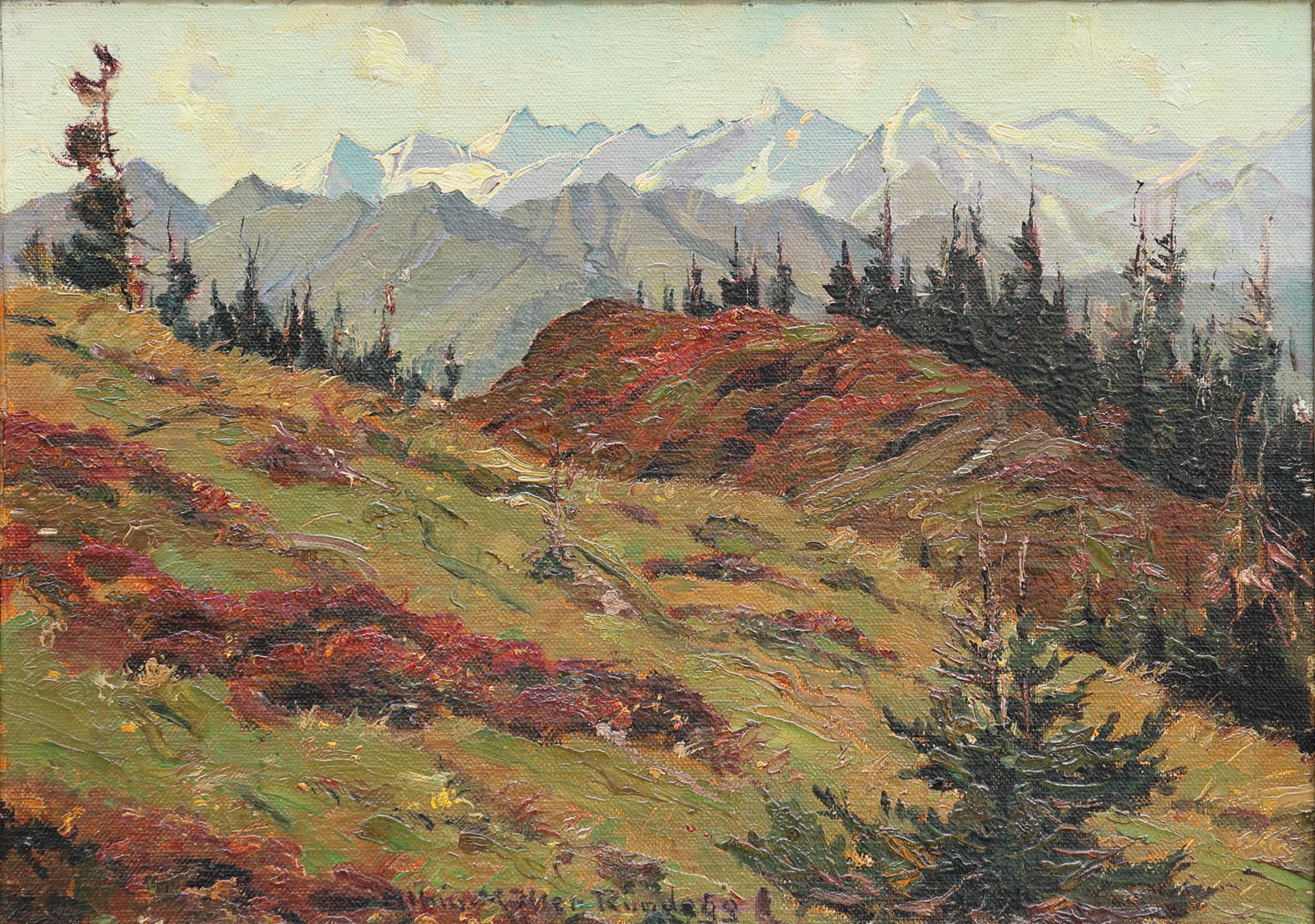 Albin Müller-Rundegg* (Obermais bei Meran 1891 - 1975 Salzburg): Albin Müller-Rundegg* (Obermais bei Meran 1891 - 1975 Salzburg) Glockner Group from Dienten oil/panel 26,5 x 35,5 cm signed Albin Müller-Rundegg inscribed and signed on the reverse
