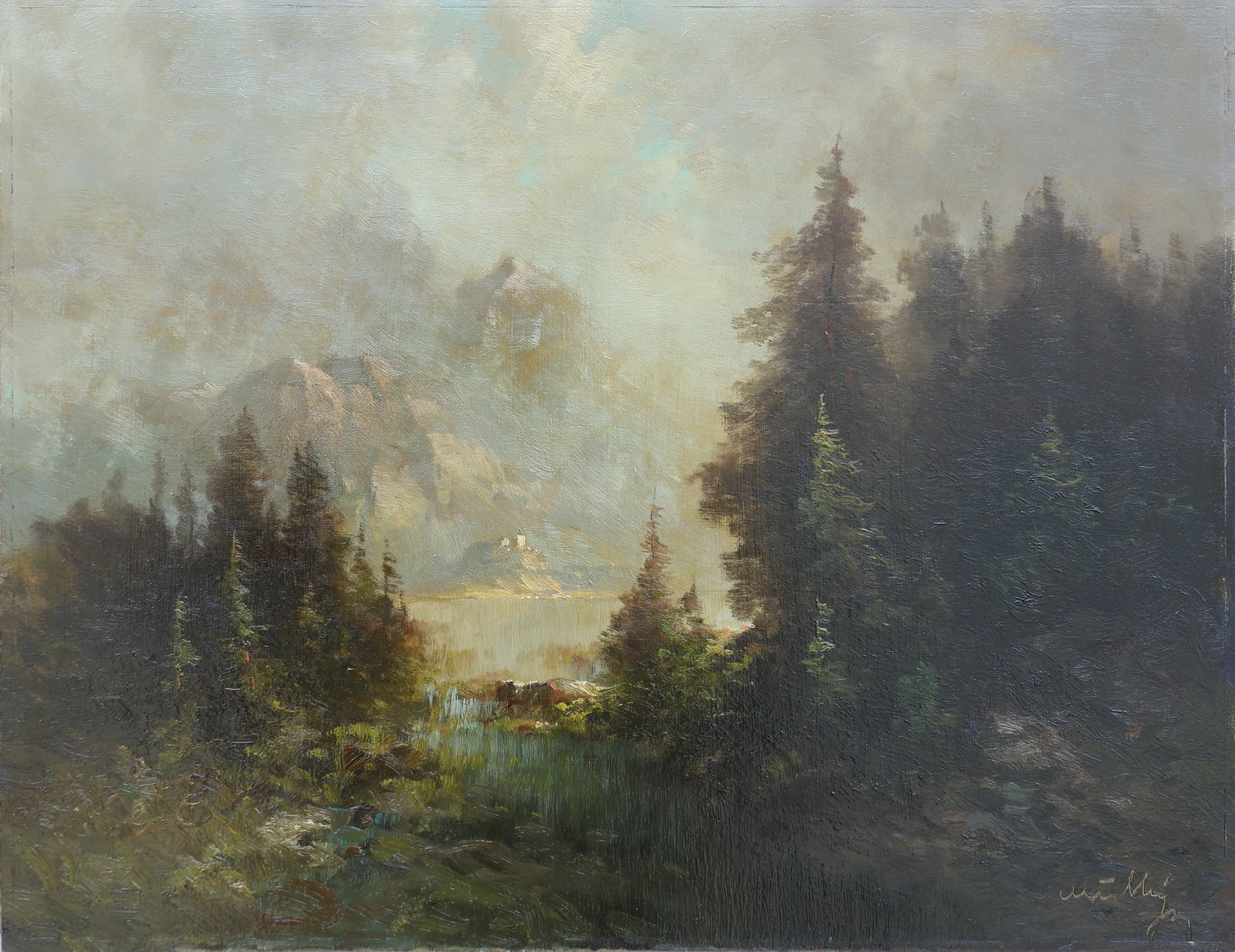 Oskar Mulley (Klagenfurt 1891 - 1949 Garmisch-Partenkirchen): Oskar Mulley (Klagenfurt 1891 - 1949 Garmisch-Partenkirchen) Mountain lake oil/wood 50 x 65,5 cm signed Mulley SCHÄTZPREIS / ESTIMATE € 1200 - 2400 STARTPREI