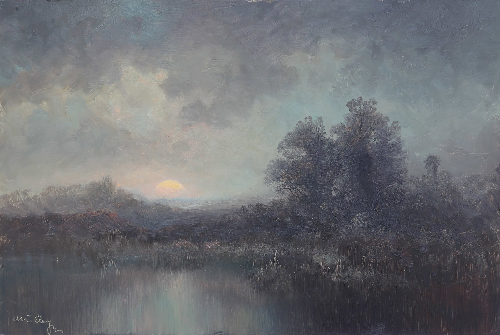 Oskar Mulley (Klagenfurt 1891 - 1949 Garmisch-Partenkirchen): Oskar Mulley (Klagenfurt 1891 - 1949 Garmisch-Partenkirchen) Sunset oil/fiber board 40 x 60 cm signed Mulley verso inscribed Gerda SCHÄTZPREIS / ESTIMATE € 1000 - 2000 STARTPREIS /