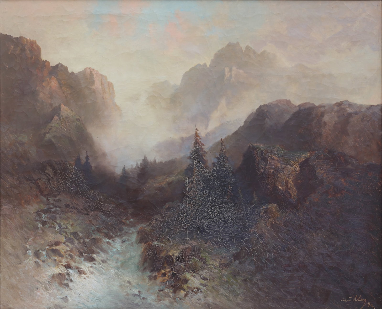 Oskar Mulley (Klagenfurt 1891 - 1949 Garmisch-Partenkirchen): Oskar Mulley (Klagenfurt 1891 - 1949 Garmisch-Partenkirchen) White water oil/paper/canvas 80,8 x 100,4 cm signed Mulley verso am, on the frame, inscribed, "Nr. 6"; labelled, "Am 30. Dezember 1978 von