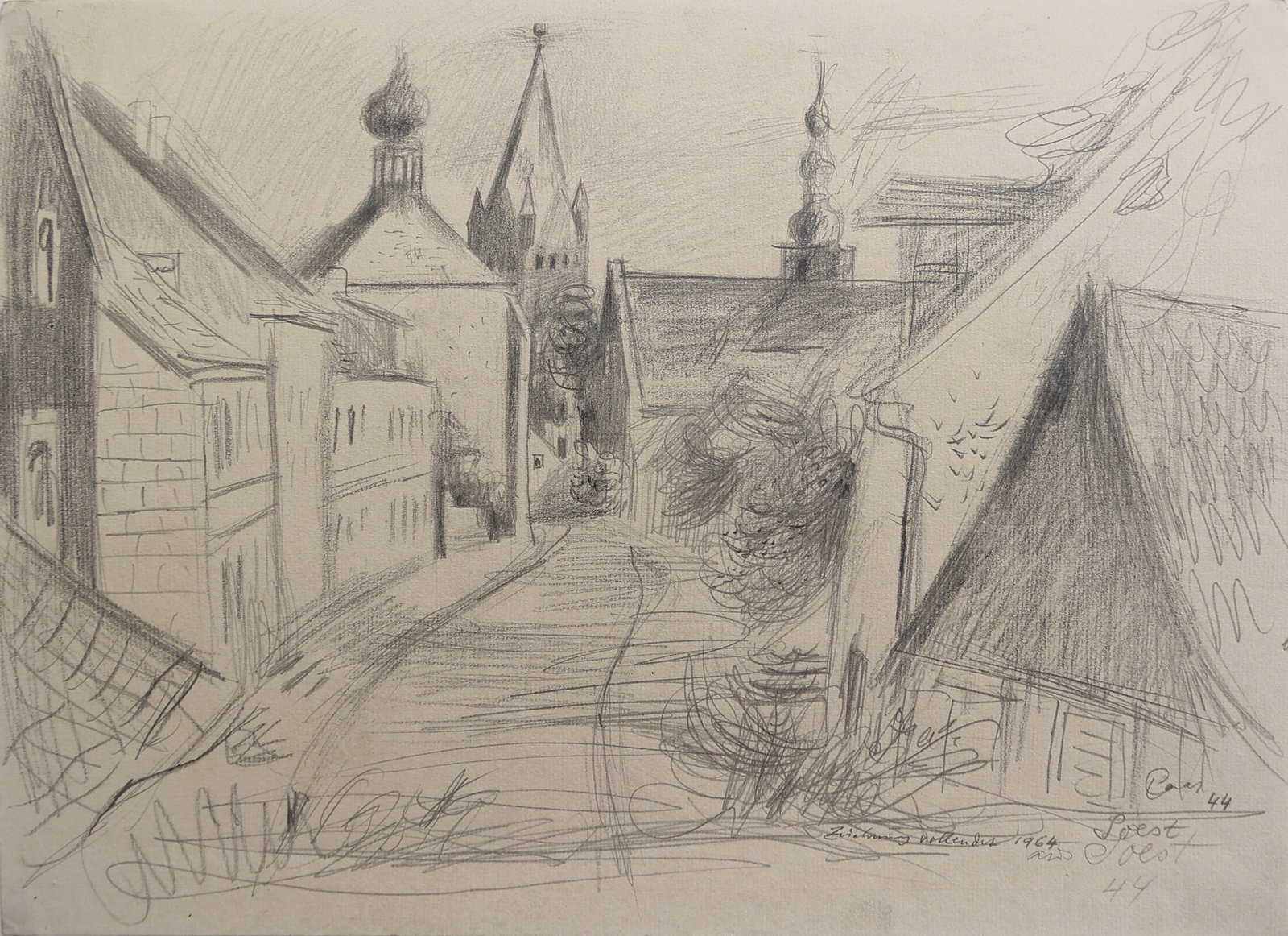 Ernst Paar* (Graz 1906 - 1986 Vienna): Ernst Paar* (Graz 1906 - 1986 Vienna) Soest, 1944 pencil/paper 26,5 x 37 cm signed Paar, dated 44 inscribed Zeichnung vollendet 1964, aus Soest SCHÄTZPREIS / ESTIM