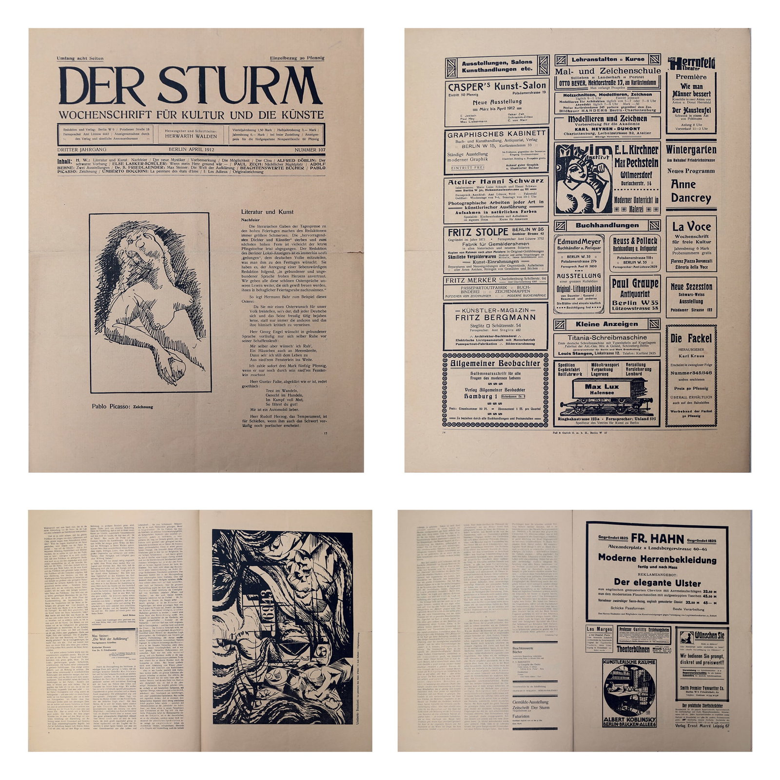 Pablo Picasso* (Málaga 1881 - 1973 Mougins): Pablo Picasso* (Málaga 1881 - 1973 Mougins) Newspaper Der Sturm, 1912 Eight pages including prints by Pablo Picasso and Umberto Boccioni print/paper 44,6 x 33 cm numbered 107