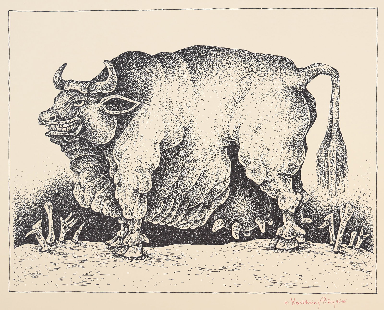 Karlheinz Pilcz* (Vienna 1940 - 2019): Karlheinz Pilcz* (Vienna 1940 - 2019) Bull offset lithograph/paper 26,5 x 34,4 cm signed Karlheinz Pilcz SCHÄTZPREIS / ESTIMATE °€ 30 - 50 STARTPREIS /