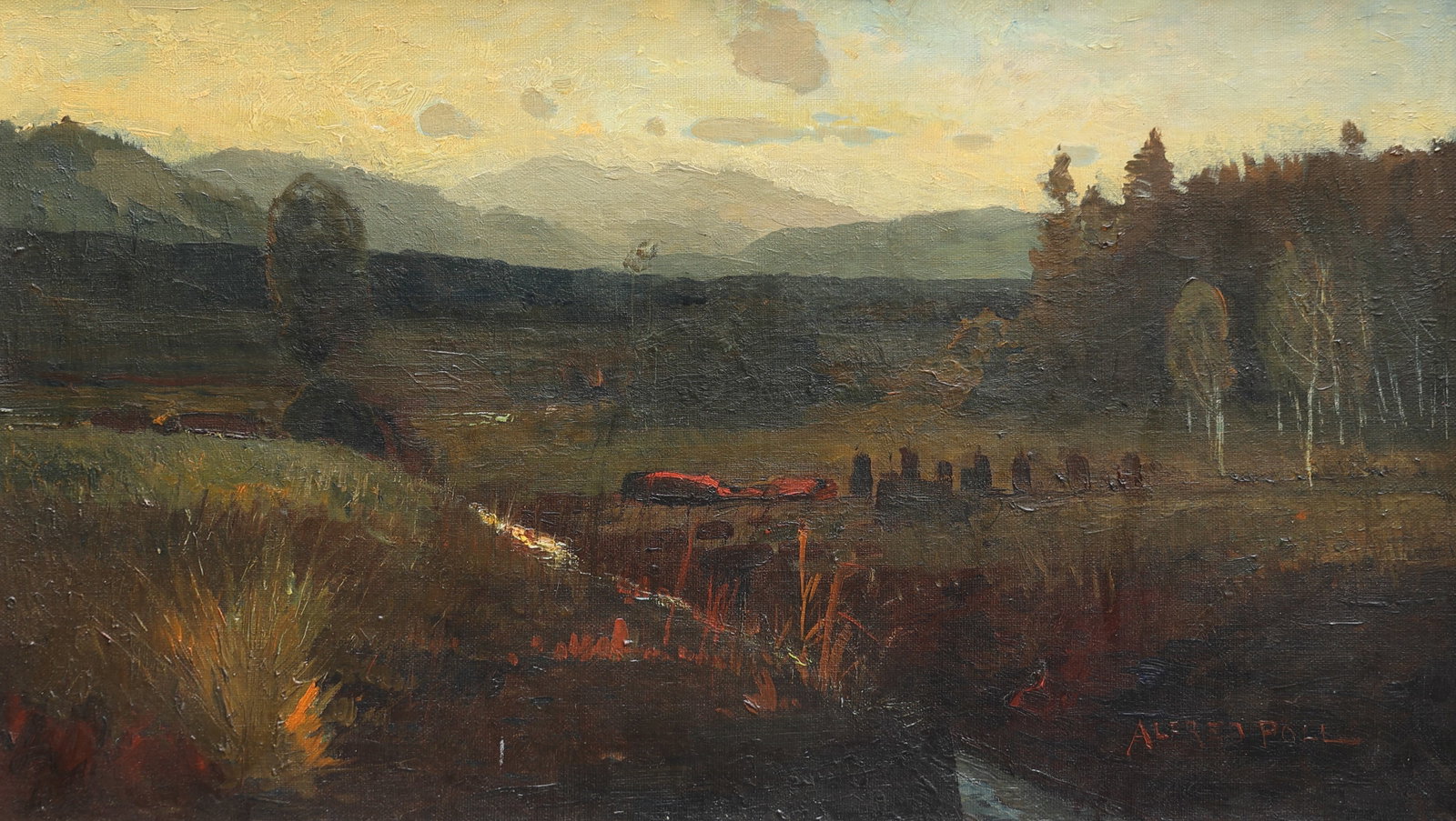 Alfred Poell (Oberndorf bei Salzburg 1867 - 1929 Gmunden): Alfred Poell (Oberndorf bei Salzburg 1867 - 1929 Gmunden) Evening mood in the Leopoldskron Moor, circa 1900 oil/canvas 41 x 70 cm signed Alfred Pöll SCHÄTZPREIS /