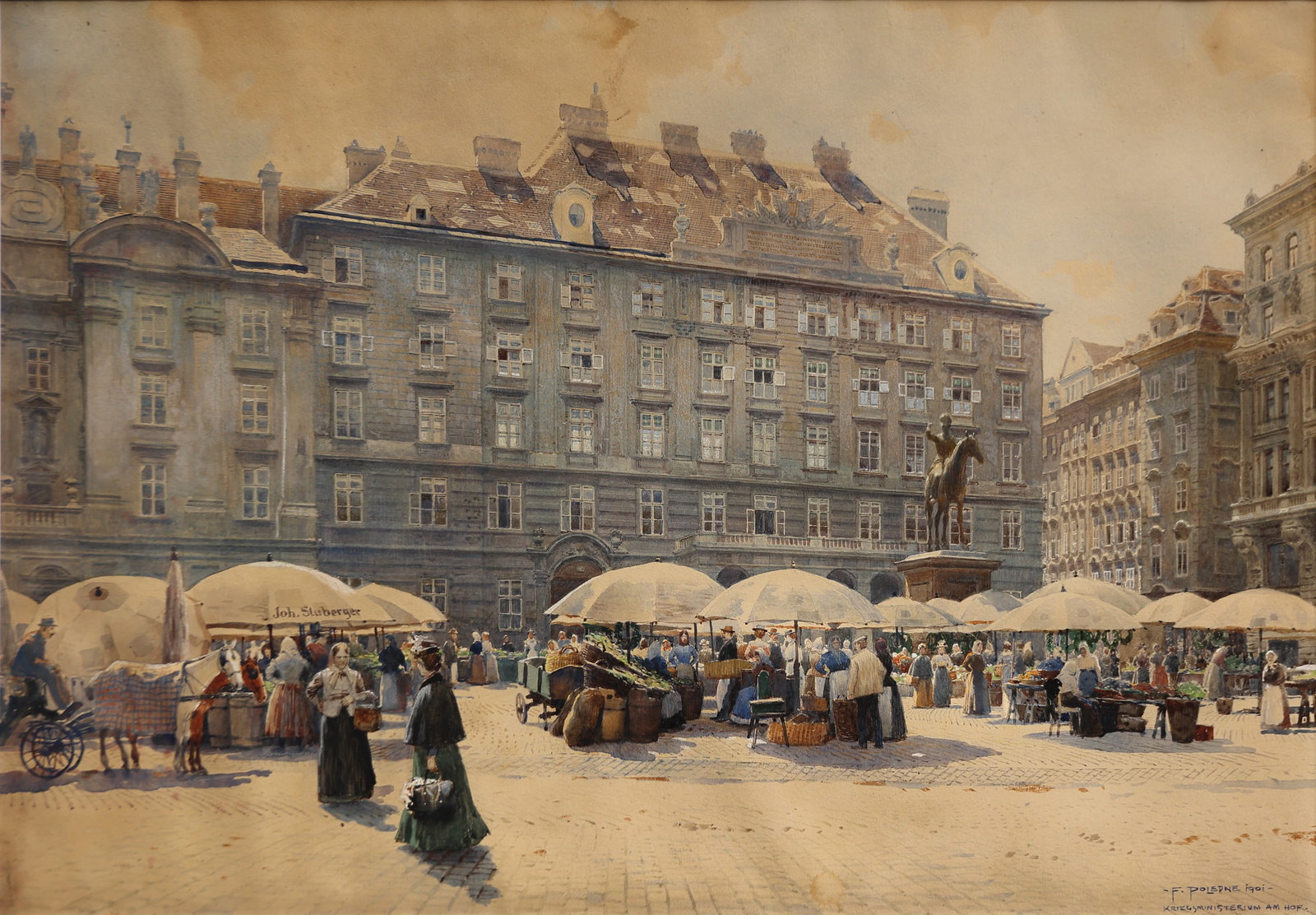 Franz Poledne (Vienna 1873 - 1932 Klosterneuburg): Franz Poledne (Vienna 1873 - 1932 Klosterneuburg) Ministry of War at Hof, 1901 watercolor/paper 31,5 x 45,5 cm signed F. Poledne, dated 1901 inscribed Kriegsministerium am Hof