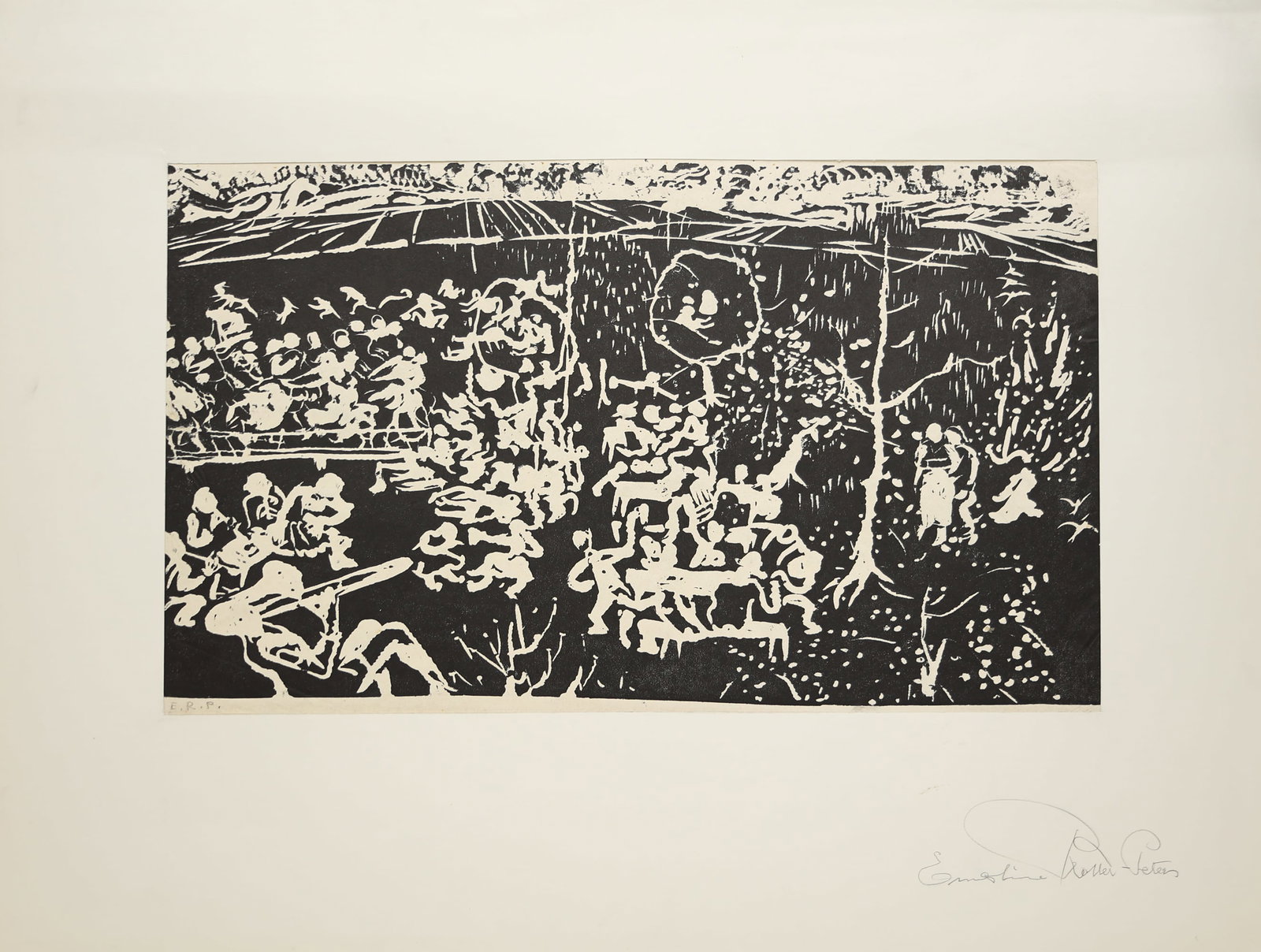 Ernestine Rotter-Peters* (Vienna 1899 - 1984 Vienna): Ernestine Rotter-Peters* (Vienna 1899 - 1984 Vienna) Celebration woodcut/paper 48,2 x 64,5 cm monogrammed E. R. P. SCHÄTZPREIS / ESTIMATE °€ 100 - 200 S